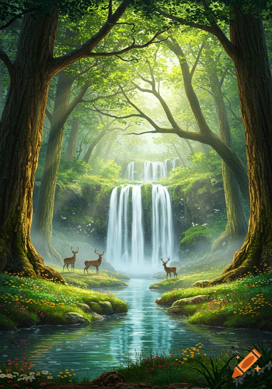 Lush forest with waterfalls, a serene river, and three deer in dappled sunlight.