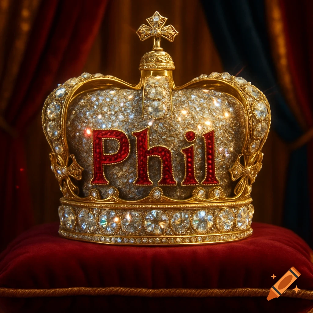 A sparkling diamond-encrusted golden king's crown with 'Phil' spelled in rubies, resting on a red velvet cushion.