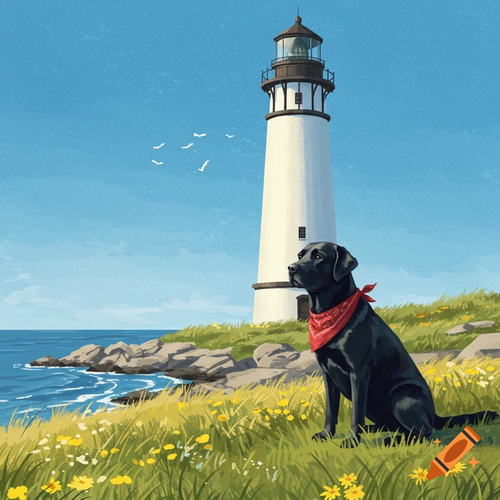 Illustrated black lab wearing a red bandana sits on a grassy hill overlooking the ocean with a lighthouse in the background.
