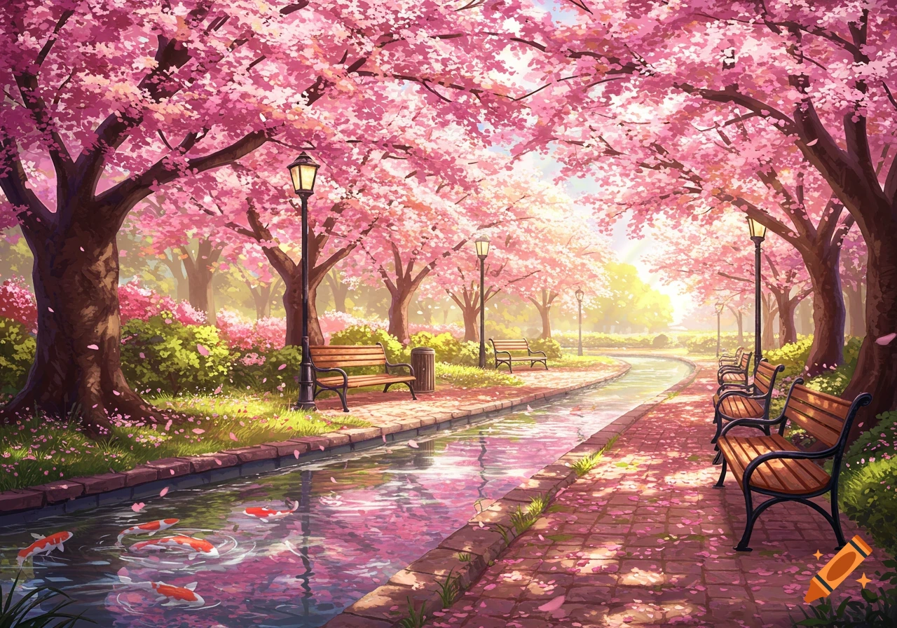 Vibrant anime-style illustration of a park with pink cherry blossom trees over a path and canal with koi fish.