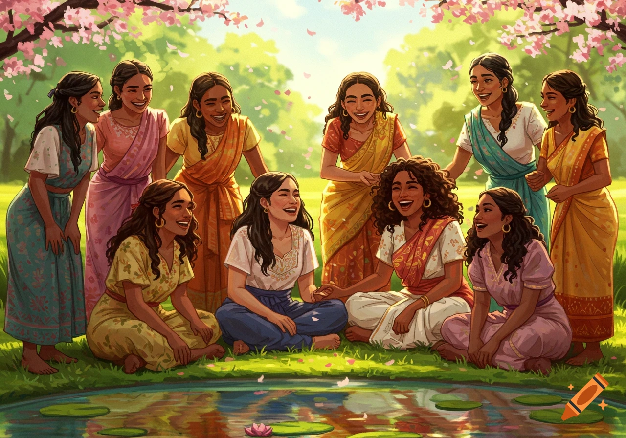 A group of smiling women in colorful traditional Indian attire gathered by a pond under cherry blossoms in an illustrative style.