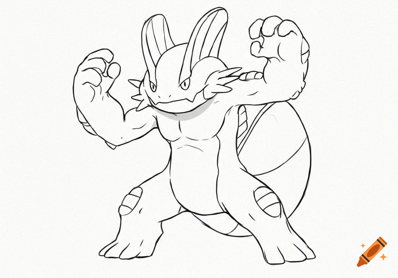 Line art sketch of the Pokémon Swampert flexing its muscles.