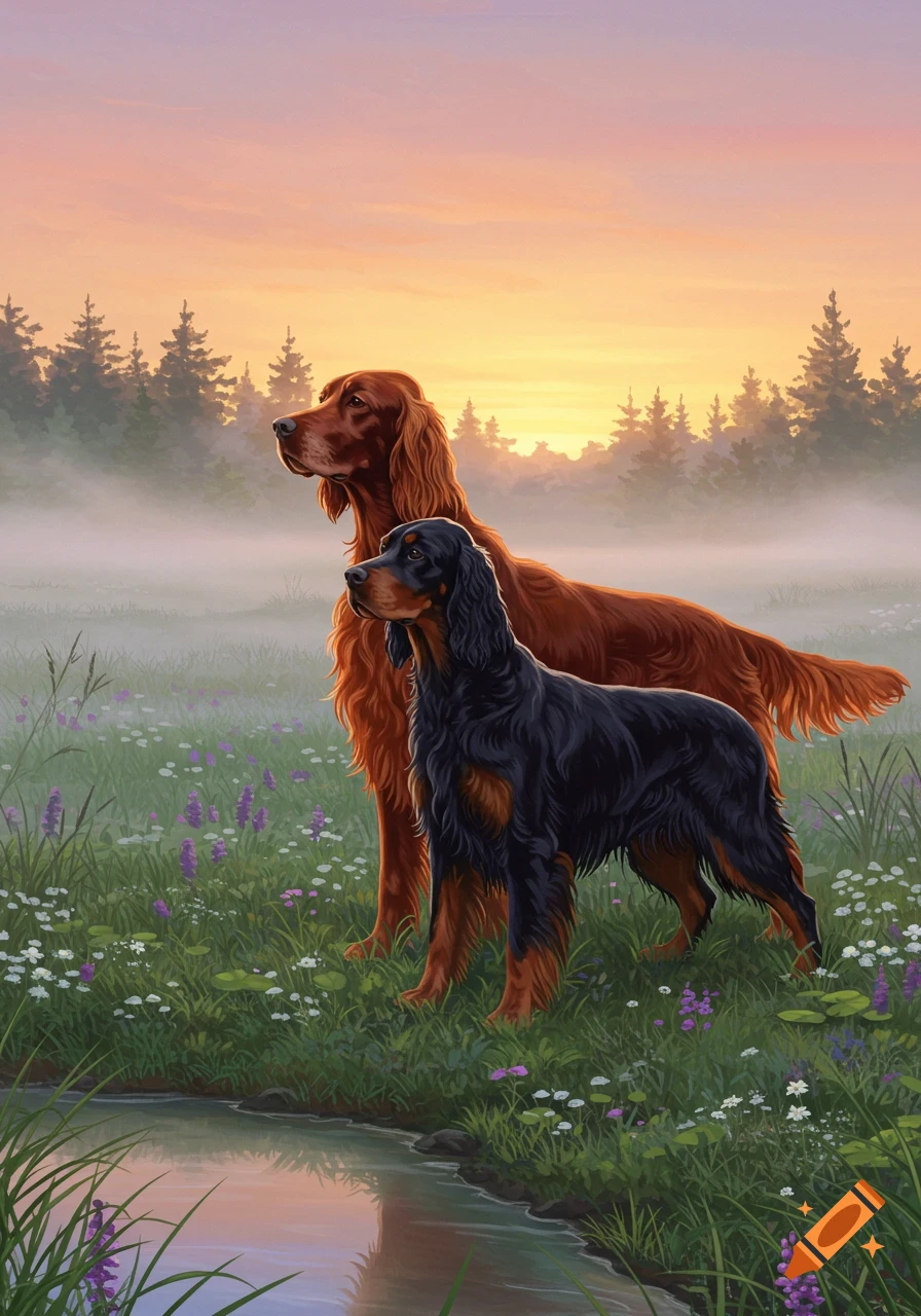 Painting of an Irish Setter and a Gordon Setter standing in a misty, wildflower meadow by a stream at sunrise.