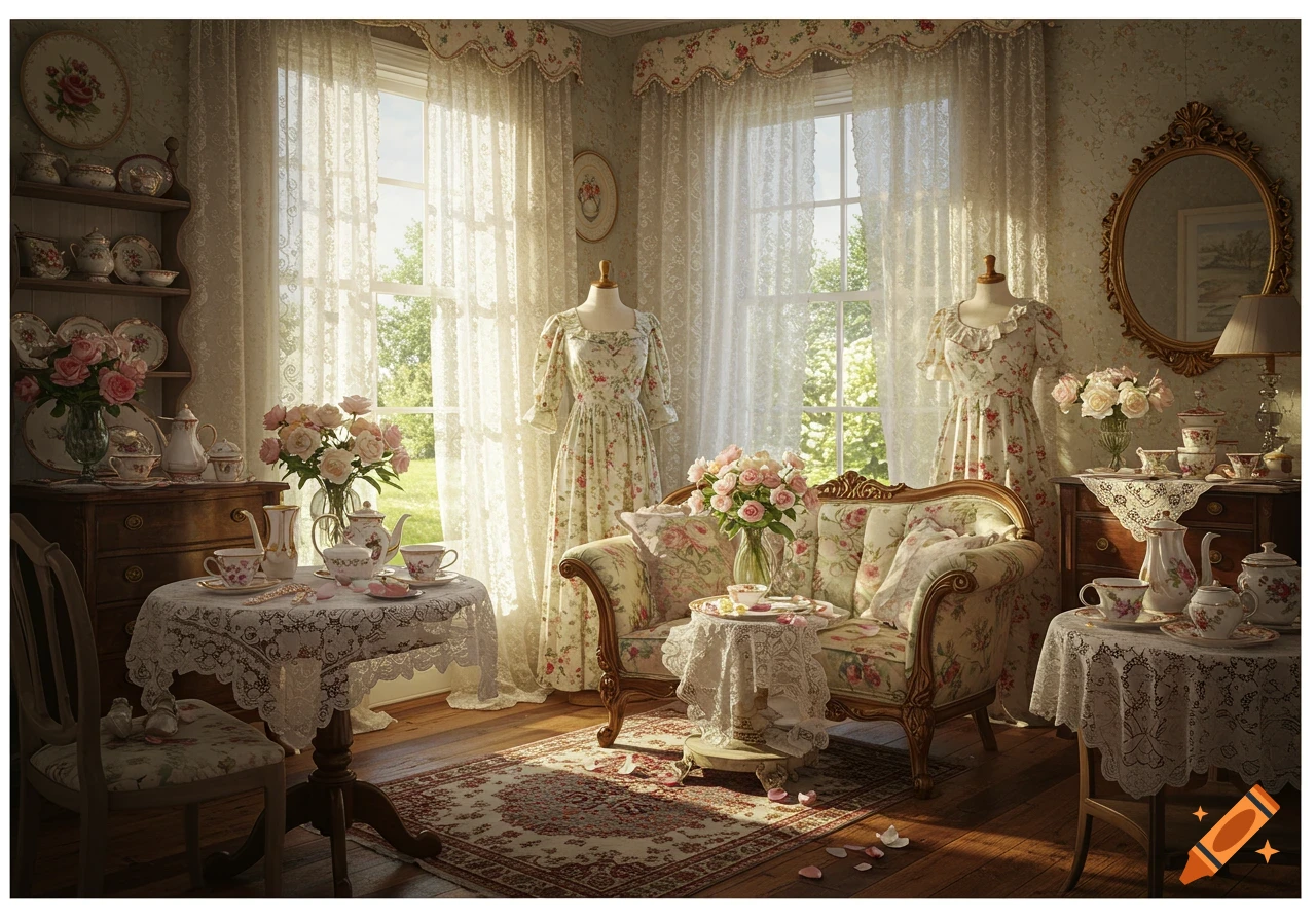 Photorealistic image of a sunlit vintage room with floral dresses on mannequins, elegant tea sets, and ornate furniture.