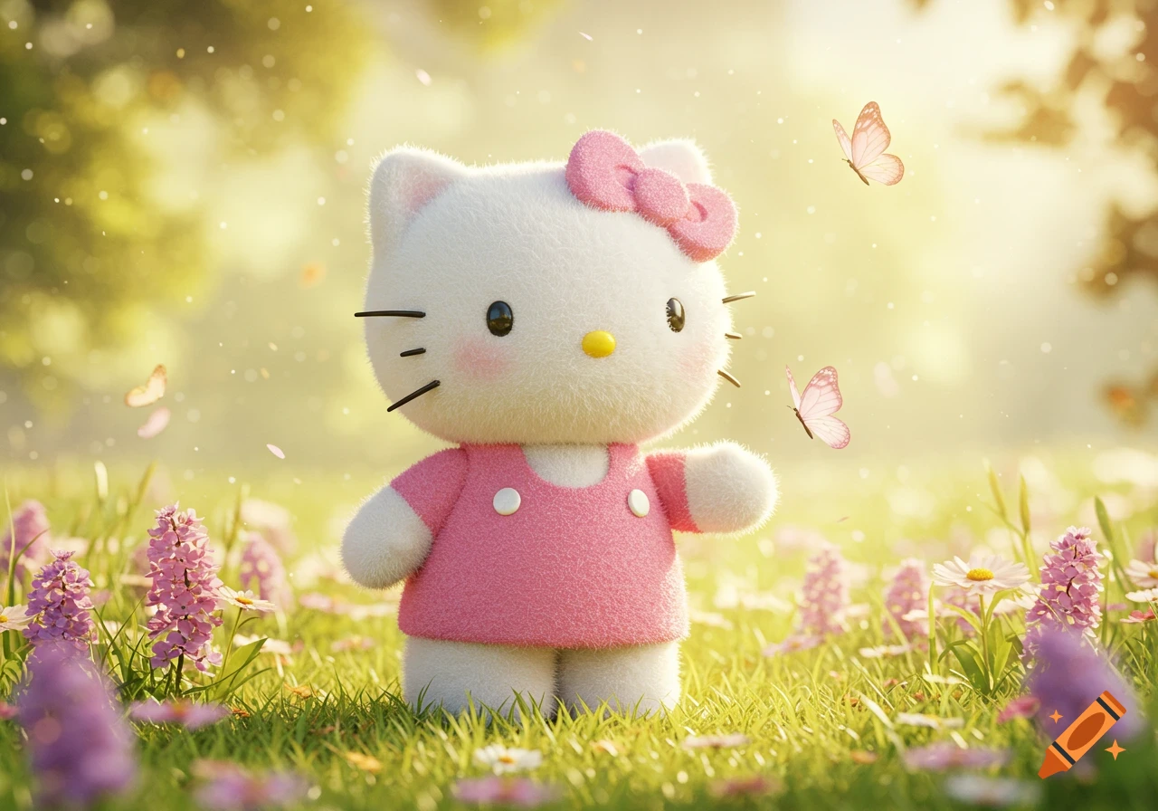 Fluffy Hello Kitty in a pink outfit stands in a sunny field with purple flowers and pink butterflies.