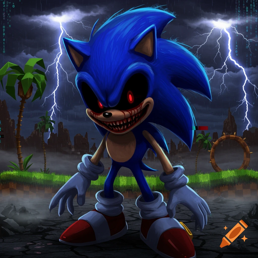 Demonic Sonic.exe with red eyes and sharp teeth stands menacingly in a stormy landscape with lightning and glitch effects.