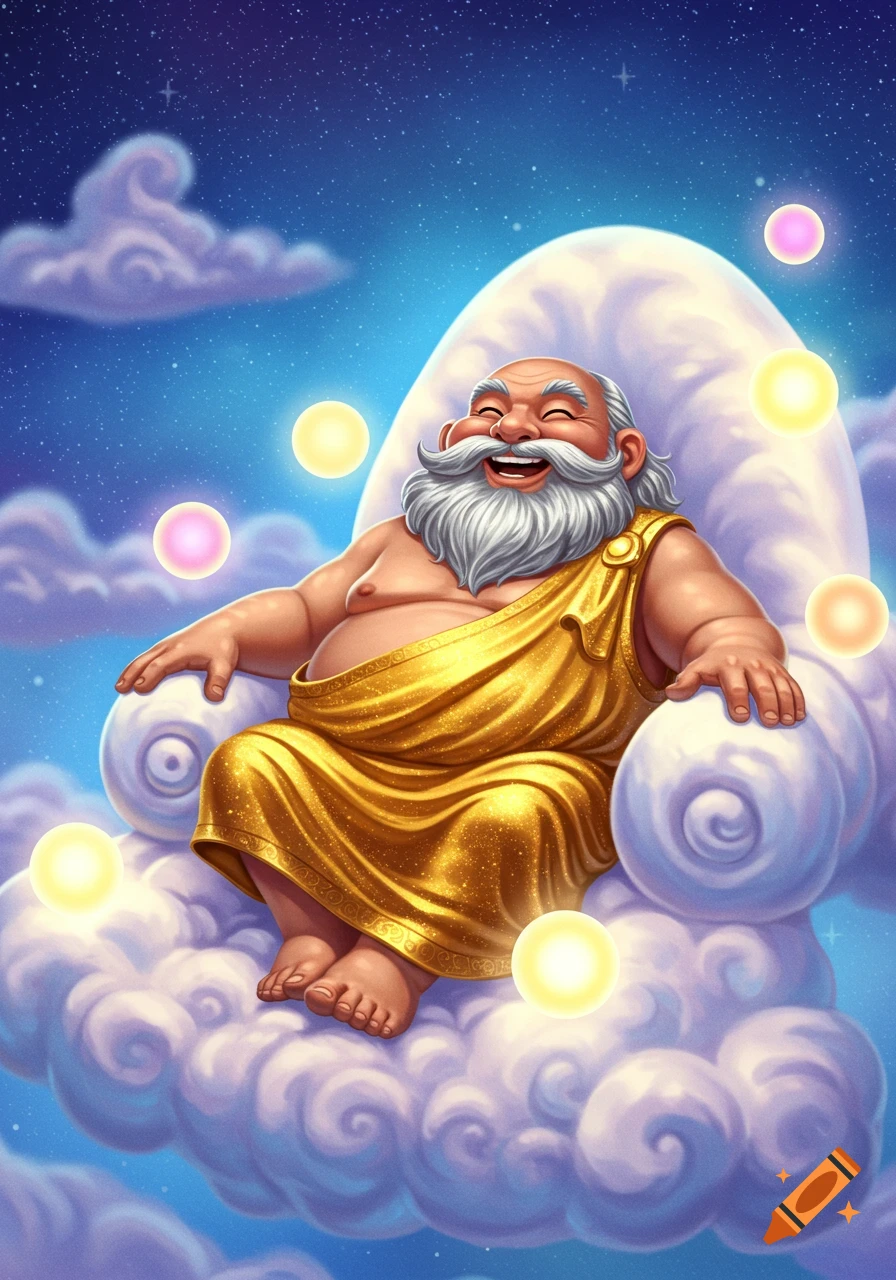 A joyful, plump, old man with a white beard and golden toga sits on a cloud in a starry sky, surrounded by glowing orbs, in a colorful illustration style.