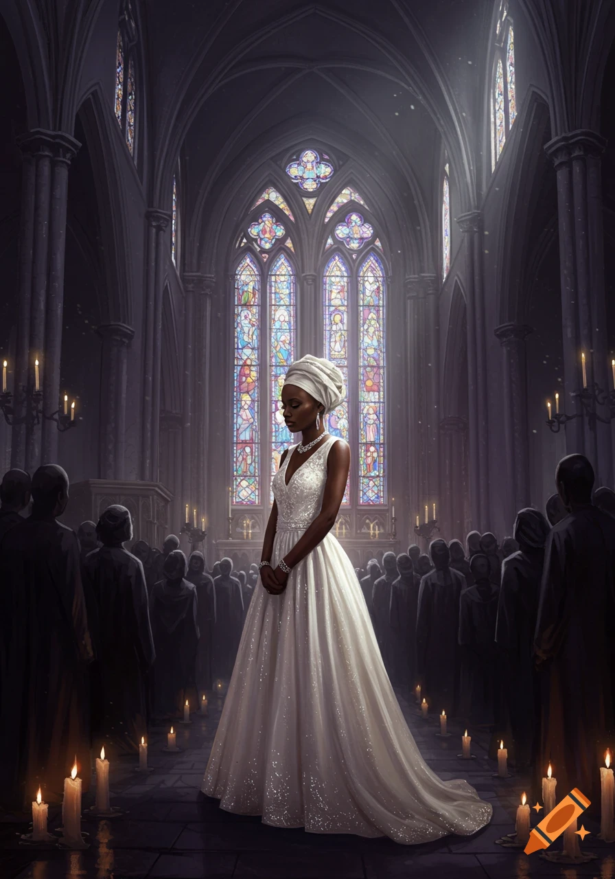 A beautiful Black woman in a shimmering white gown and head wrap stands solemnly in a dark gothic church, lit by stained glass windows and candles.