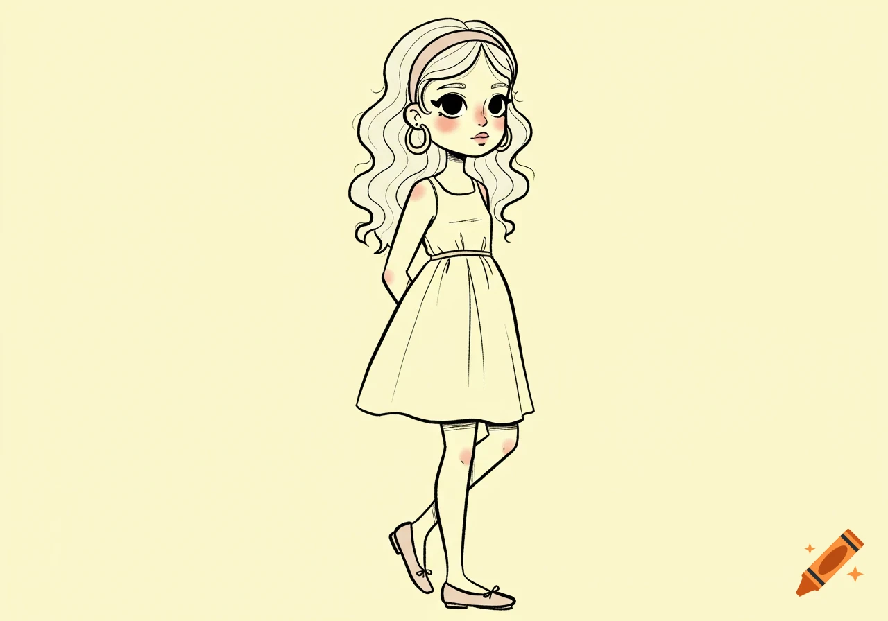 A retro fashion illustration of a cute cartoon girl with wavy blonde hair in a pale yellow dress on a soft yellow background.