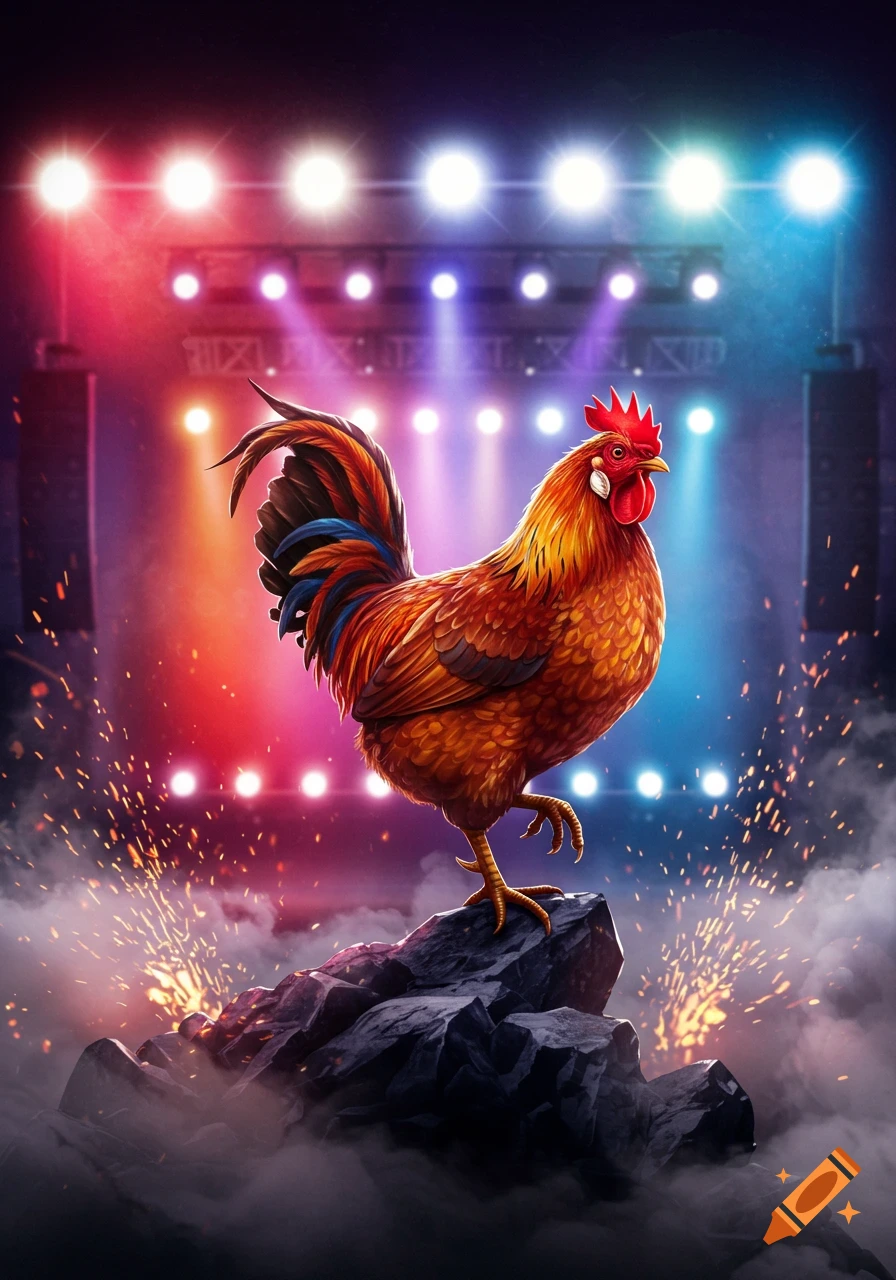 A stylized rooster with colorful feathers stands on a dark rock, illuminated by bright stage lights and sparks in the background.