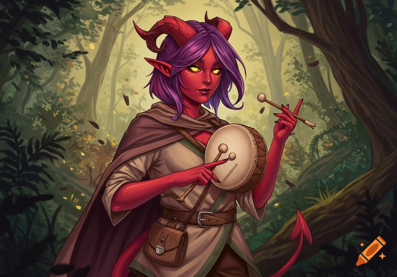 A digital illustration of a red-skinned female tiefling with purple hair and golden eyes, dressed in a cloak and tunic, playing a hand drum in a forest.