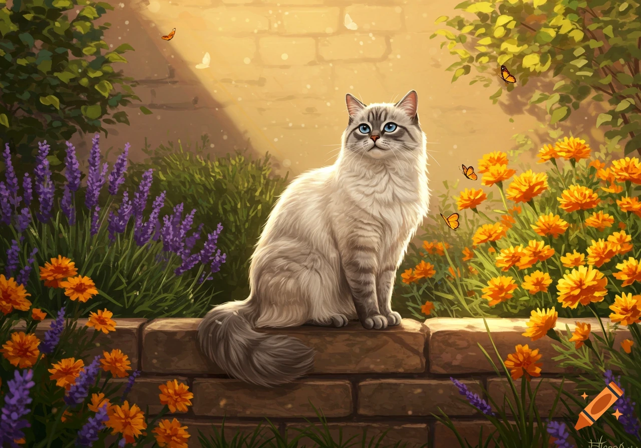 A fluffy grey and white cat with blue eyes sits on a brick wall in a ...