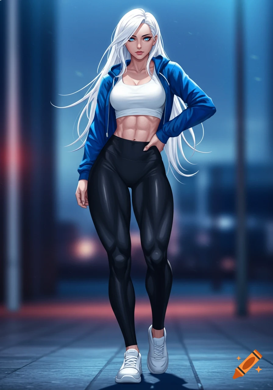 An anime woman with long white hair and blue eyes, showing athletic muscles in a white sports bra, blue hoodie, black leggings, and white sneakers, stands in an urban night setting.