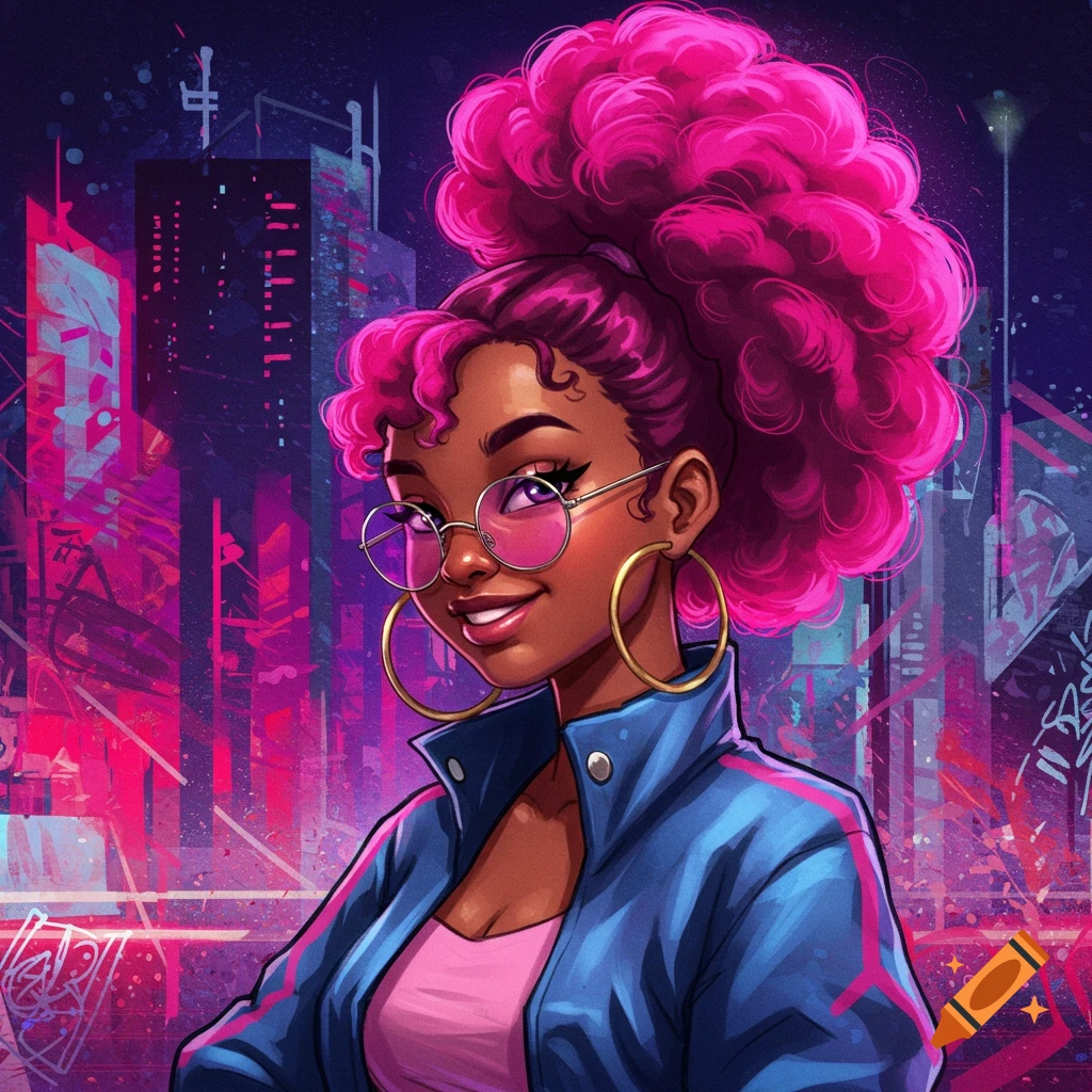 Stylized illustration of a smiling Black girl with bright pink curly hair in a high ponytail, wearing glasses and a blue jacket, against a neon city background.
