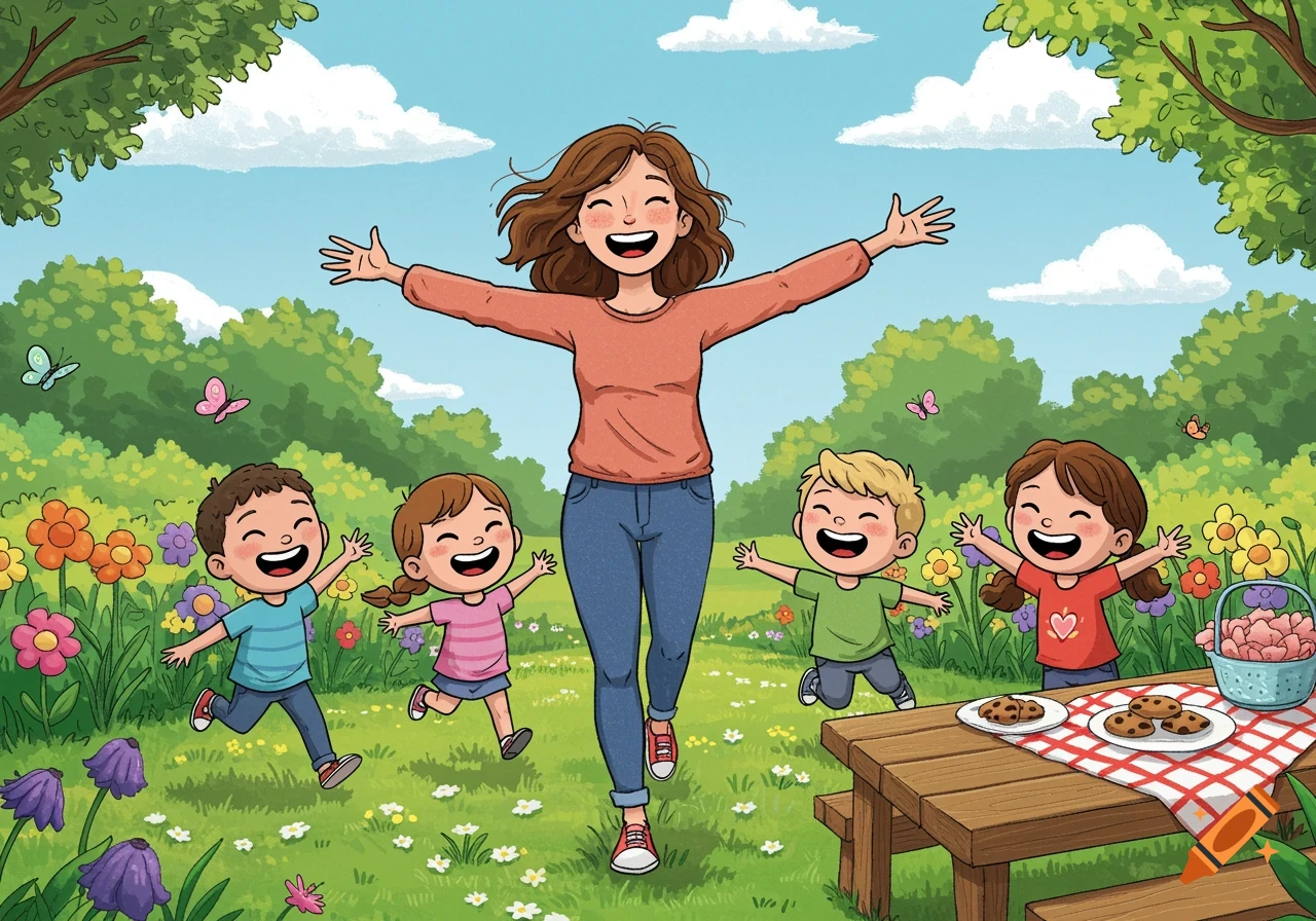 Cartoon of a happy mother with open arms, welcoming four laughing children in a sunny park with flowers and a picnic table.