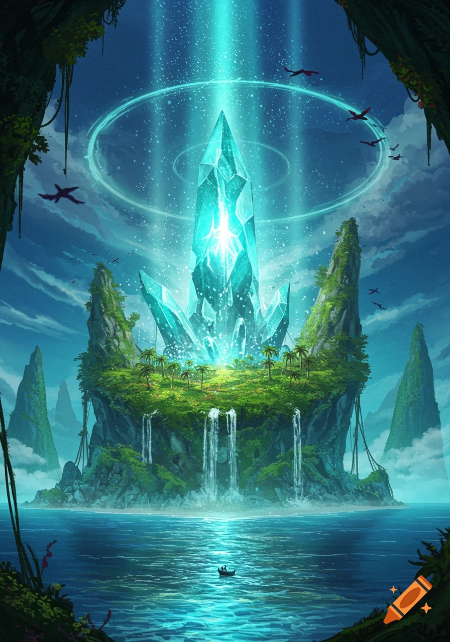A vibrant fantasy landscape with a luminous blue crystal on a lush island, waterfalls, and a small boat on the water, under a bright sky.