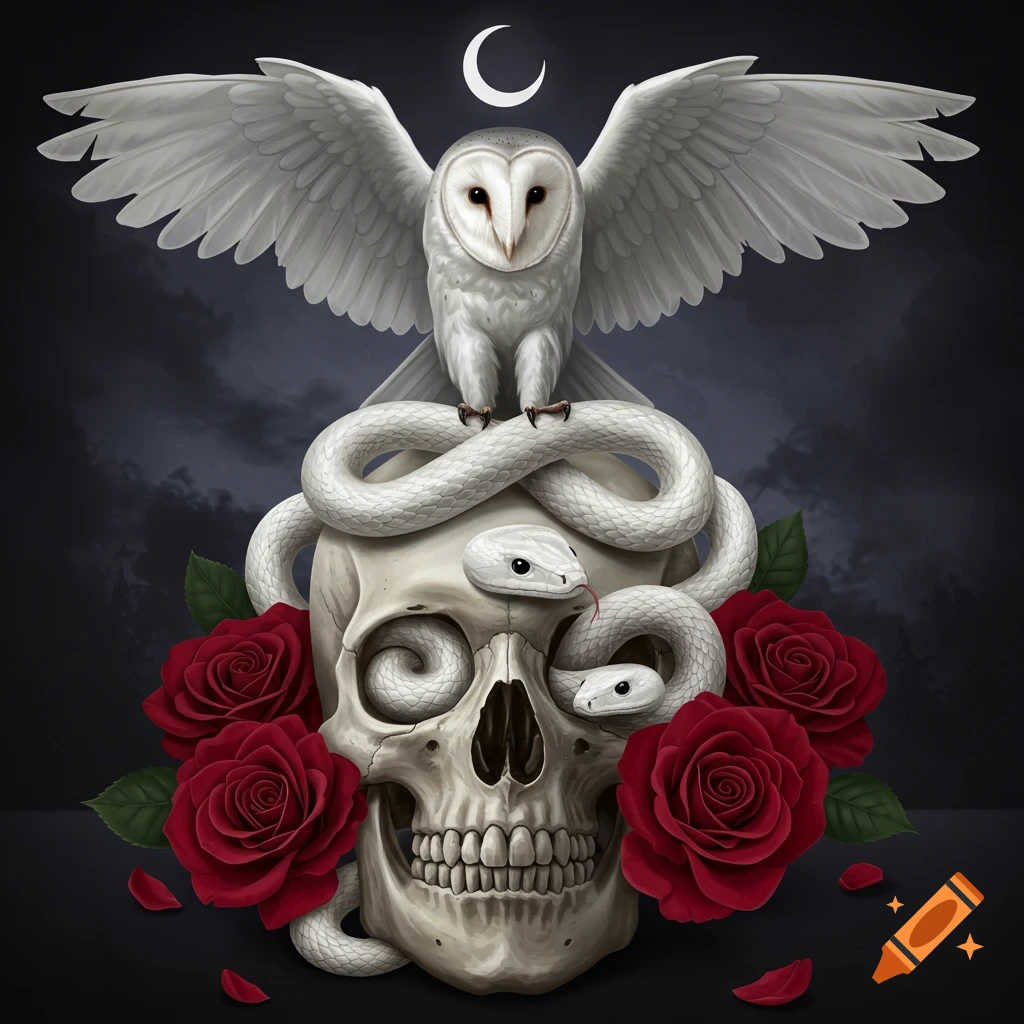 White owl with outstretched wings on a skull with white snakes, red roses, and a crescent moon, dark fantasy illustration.