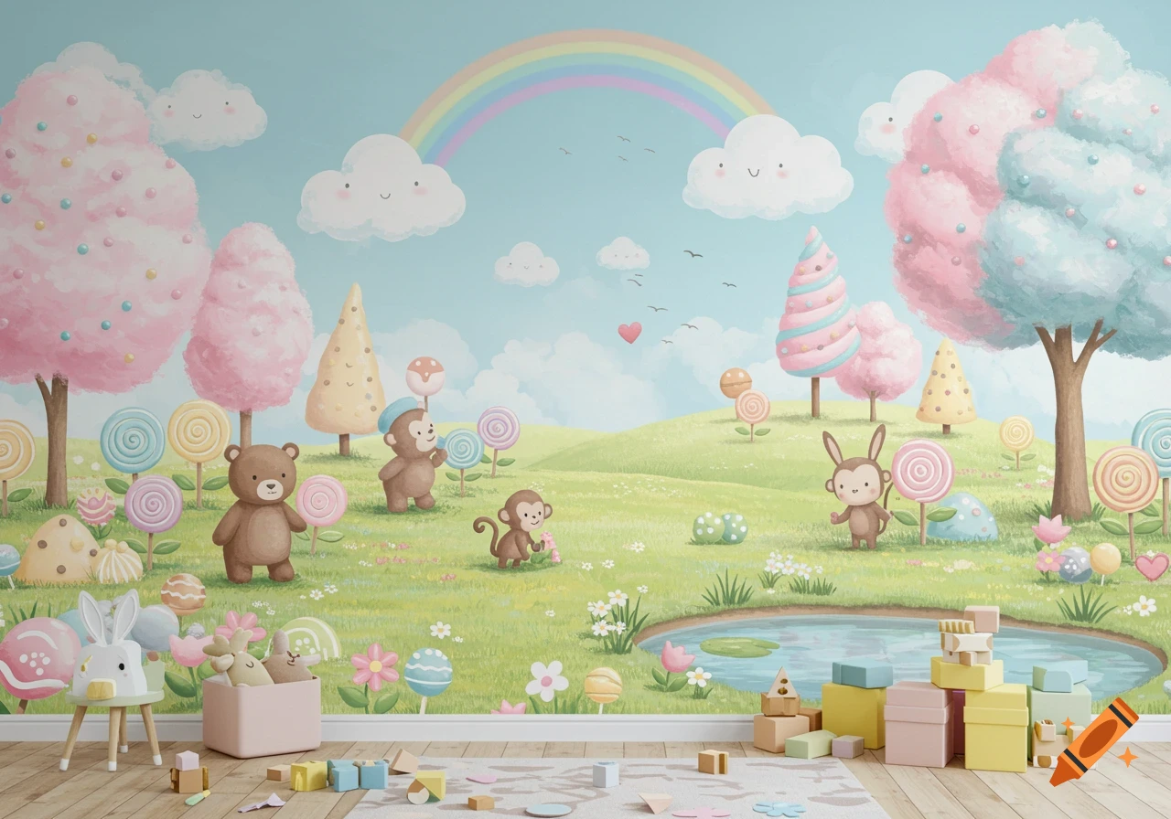Cartoon animals, candy trees, lollipops, and a rainbow in a pastel fantasy landscape, designed as a child's wallpaper.