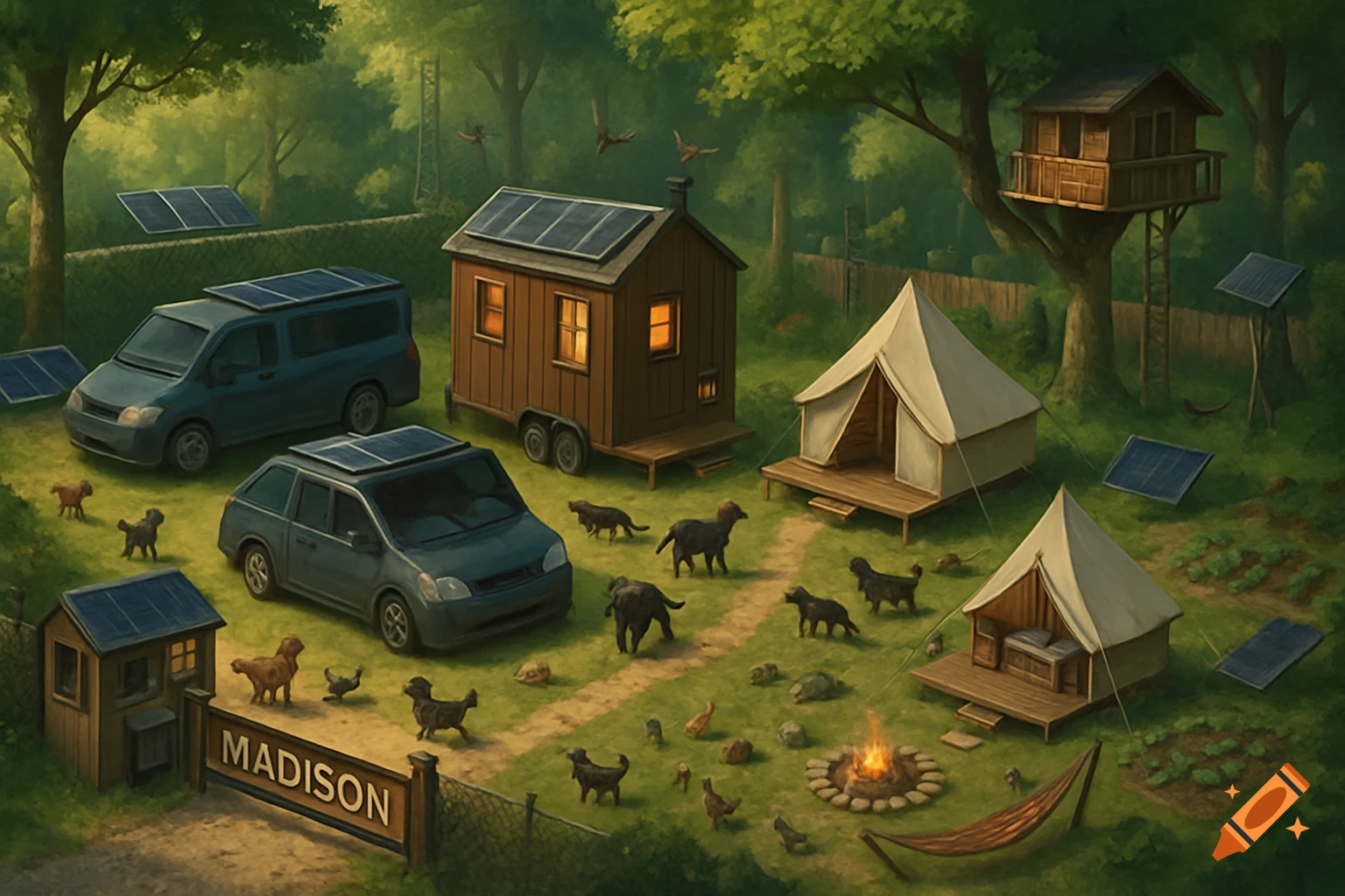A stylized, semi-top-down view of a lush green off-grid property with a tiny home, two camper vans, two tents, a treehouse, solar panels, and various animals. A sign reads 'MADISON' at the gate. A campfire burns in the foreground.