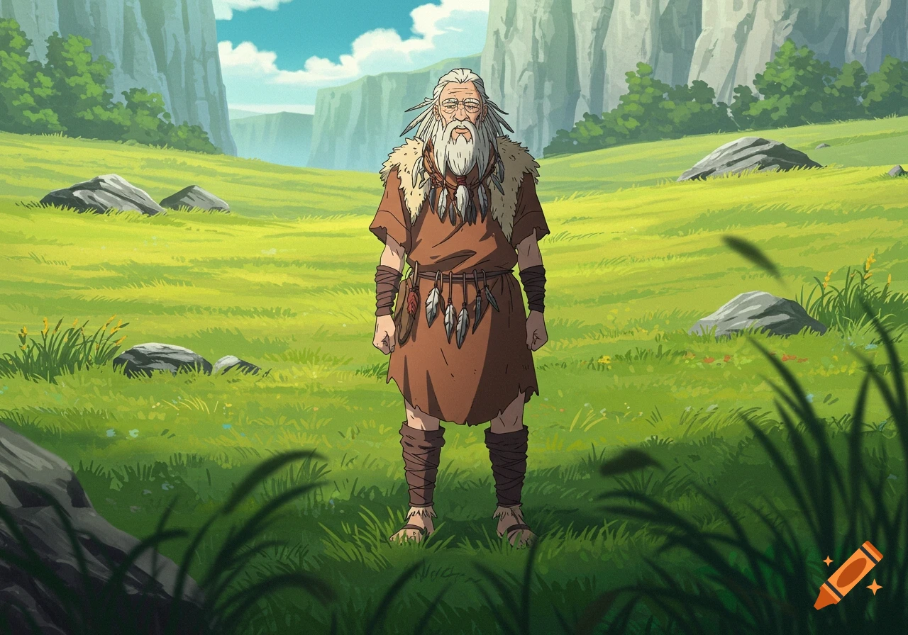 An old man with a long white beard in primitive attire stands in a vast grassy field with cliffs under a blue sky, in an anime style.