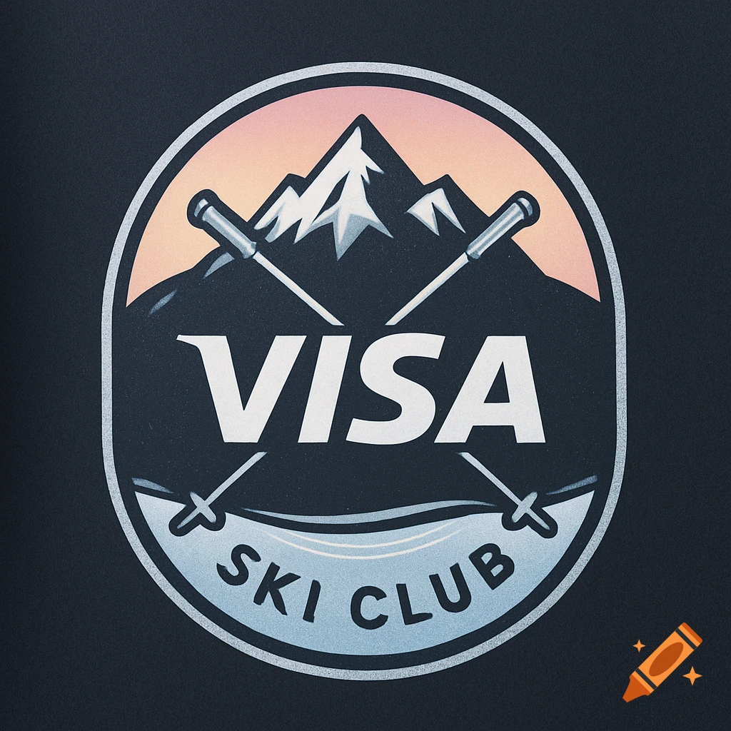 A retro-style logo for Visa Ski Club, featuring mountains, crossed ski poles, and the words "VISA SKI CLUB".