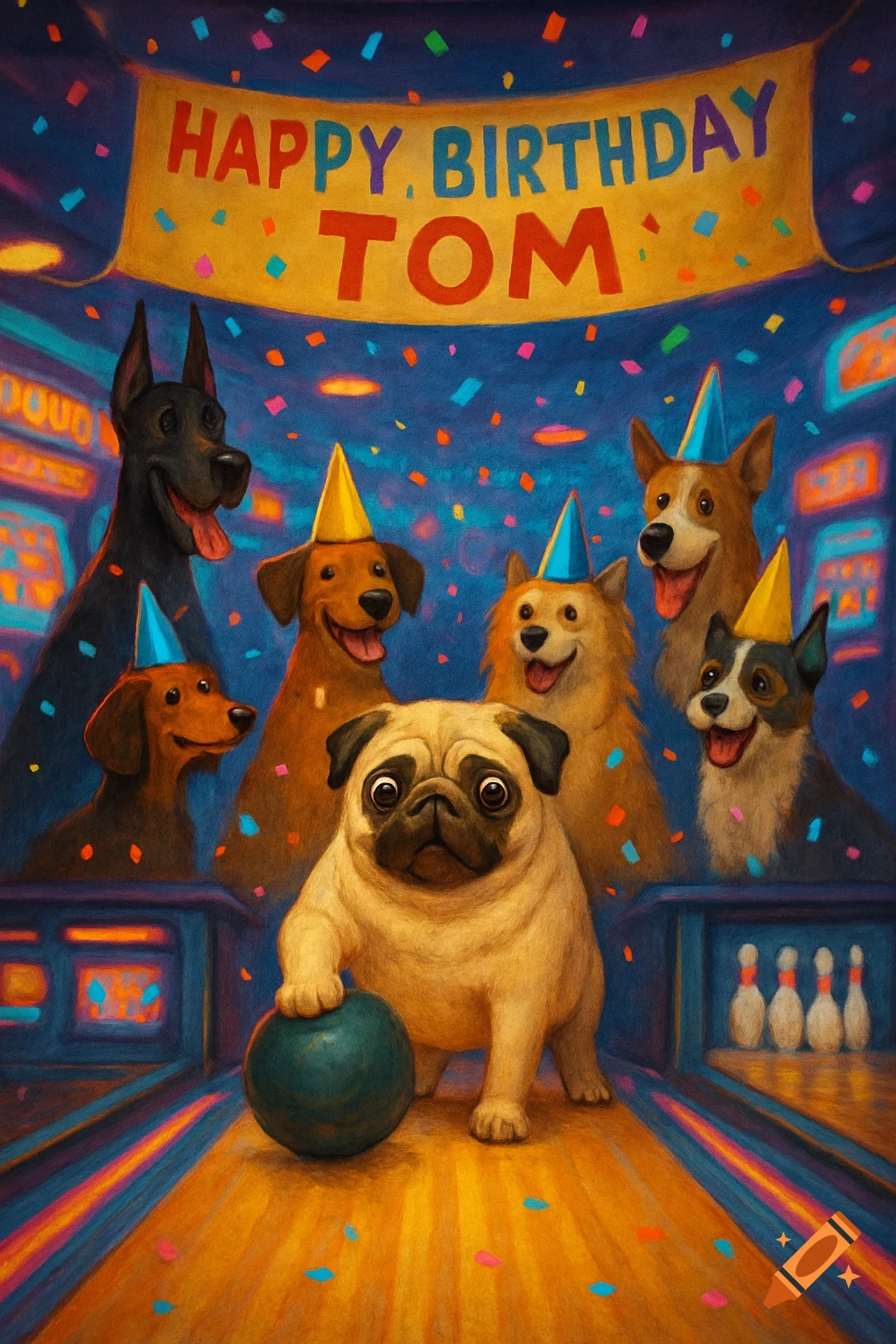 A pug holds a bowling ball at a neon-lit bowling alley, with several other dogs in party hats and a "Happy Birthday Tom" banner above. Painted style.