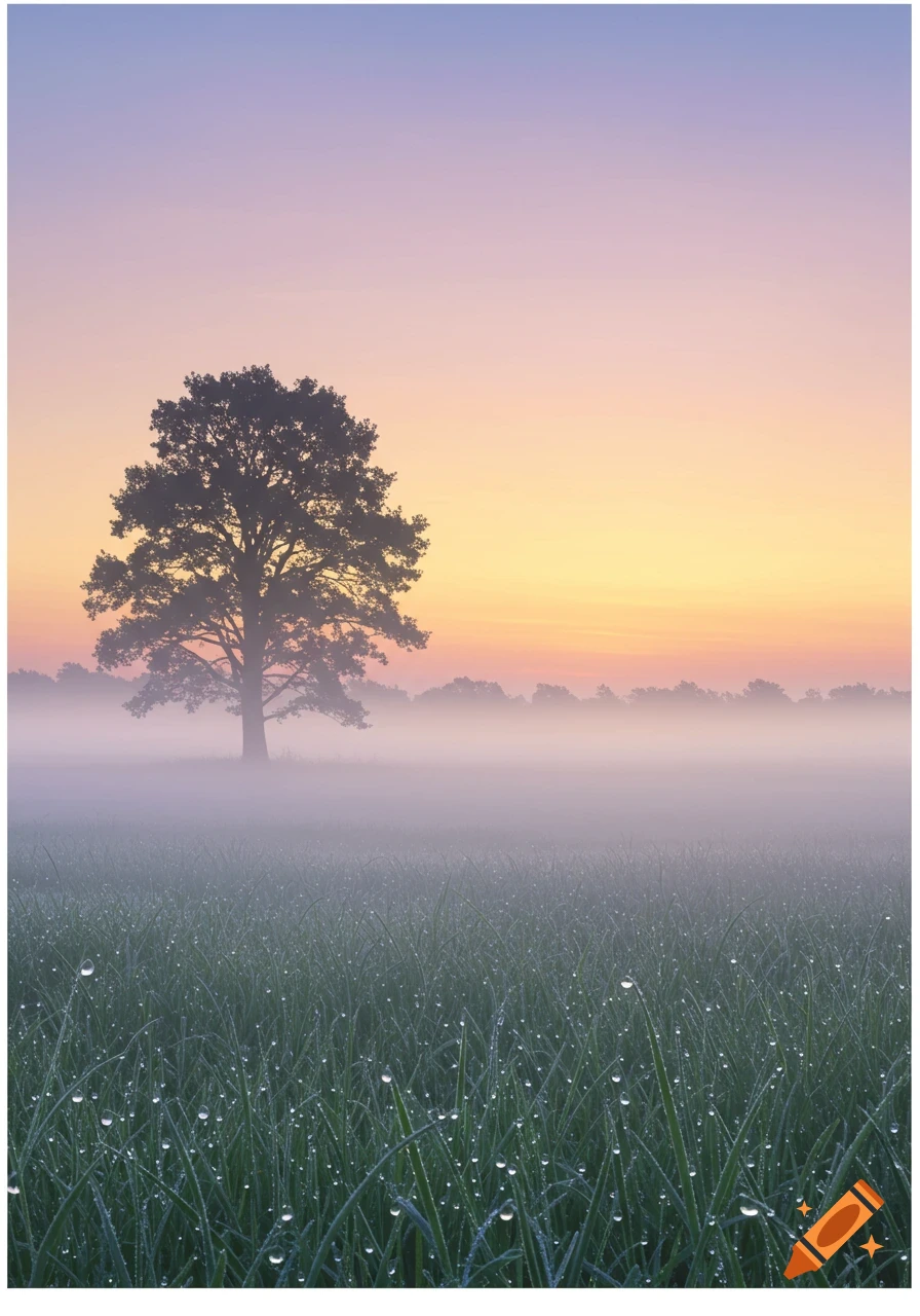 A solitary tree stands in a misty field of dewy grass under a colorful sunrise sky.