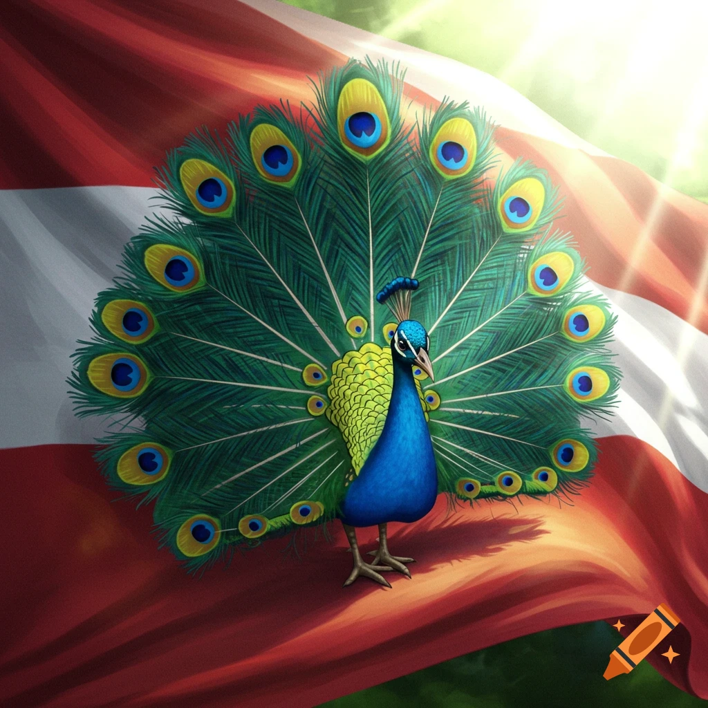 A vibrant blue and green peacock with a fanned tail stands on a waving red and white flag under sunlight.