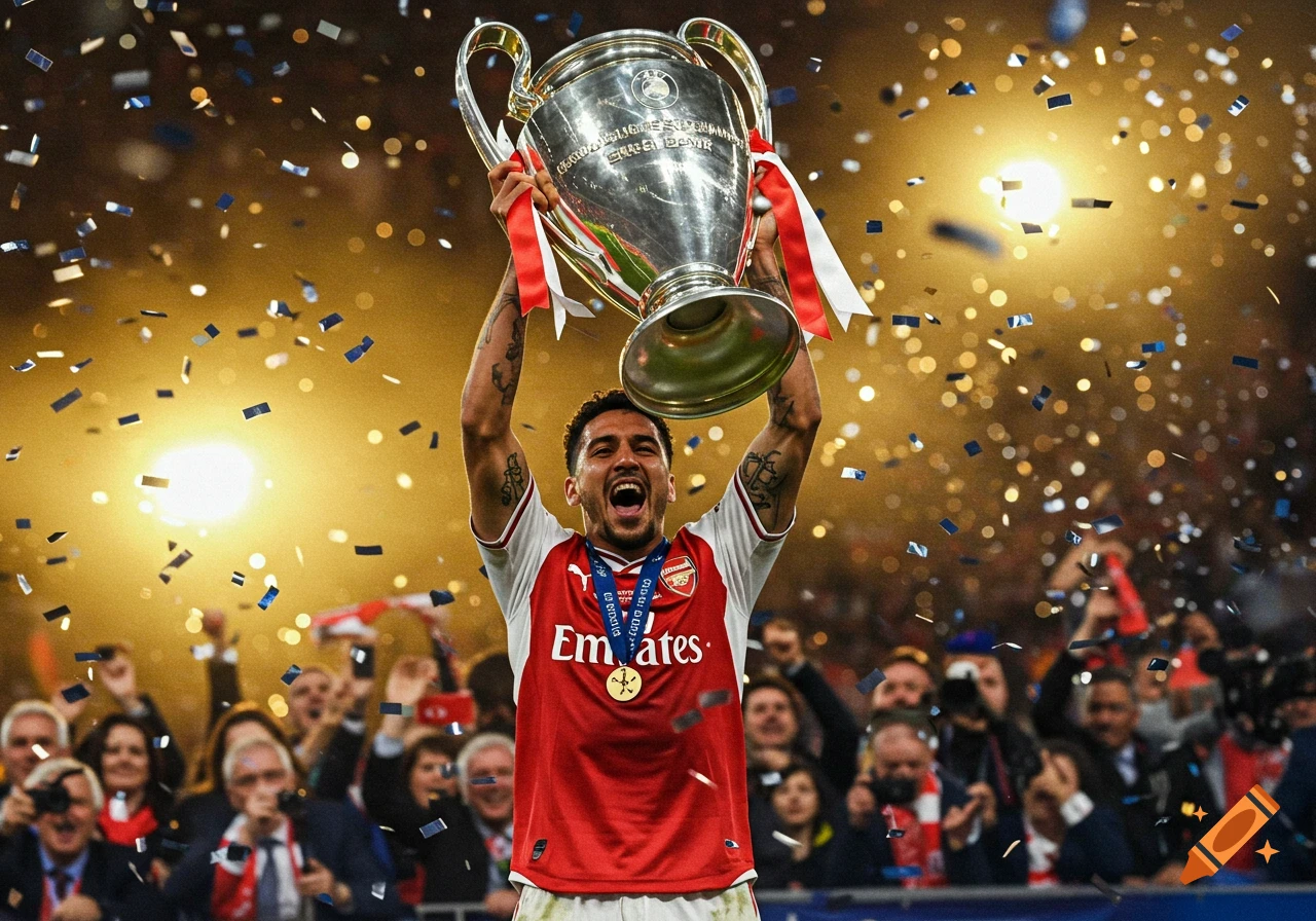 A jubilant soccer player in a red and white jersey holds a large silver trophy overhead as confetti falls around him.