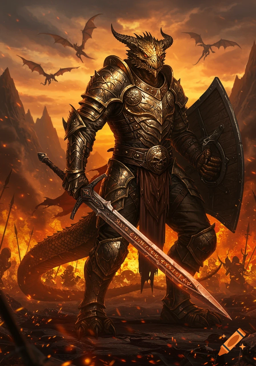 A golden-armored dragonborn warrior holds a runic sword and shield, standing on a fiery battlefield under an orange sky with flying dragons, in a detailed digital art style.