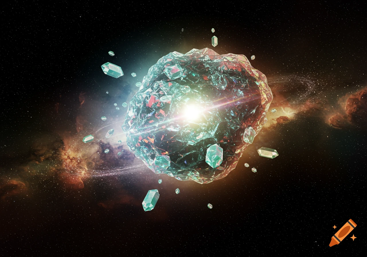 A large, glowing crystal asteroid surrounded by smaller crystals in a nebula-filled space.