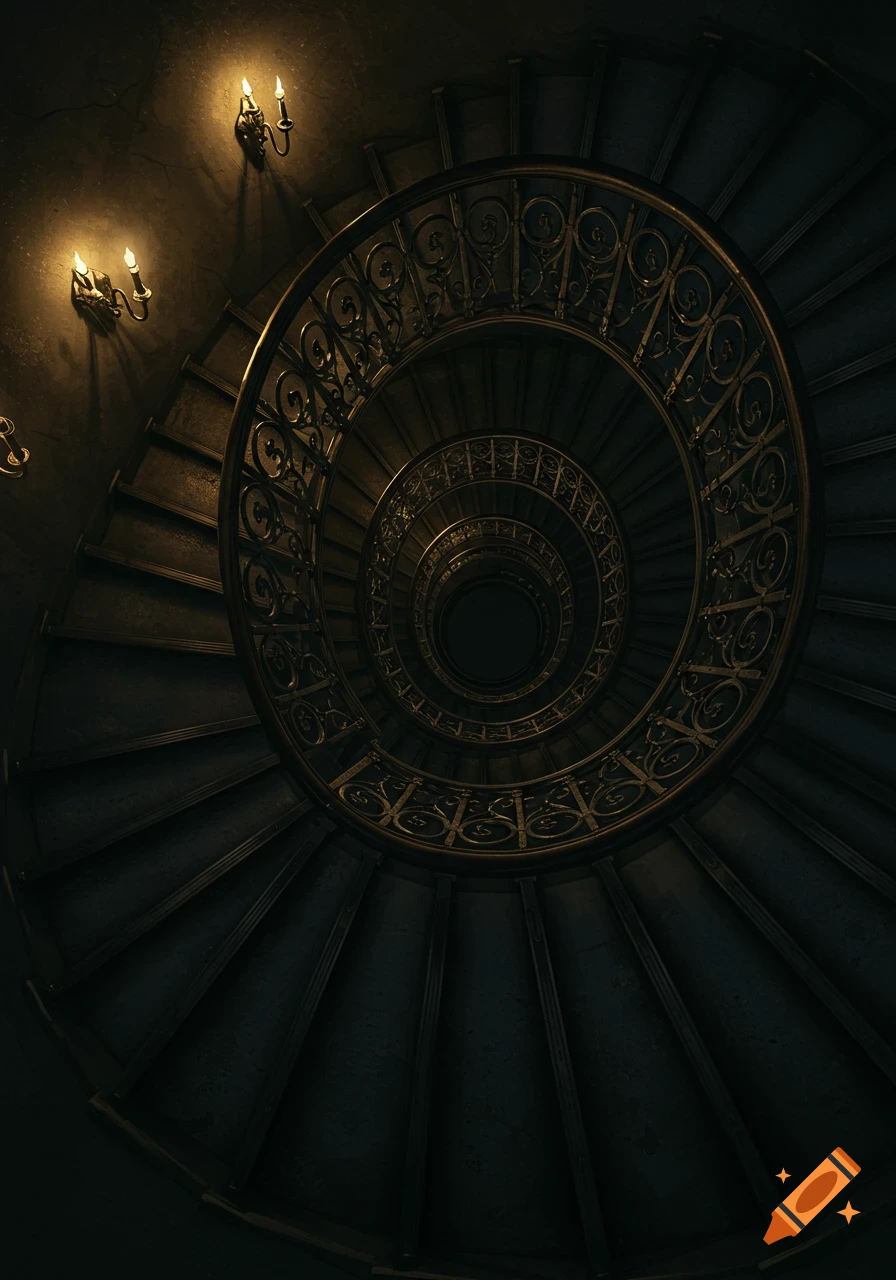 A dark, ornate spiral staircase descends into a black void, lit by flickering sconces on the wall.