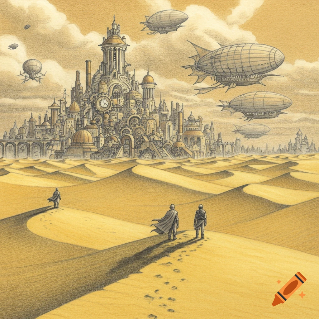 Pencil illustration of two figures in a vast sandy desert, walking towards a distant steampunk city with flying airships under a cloudy sky.