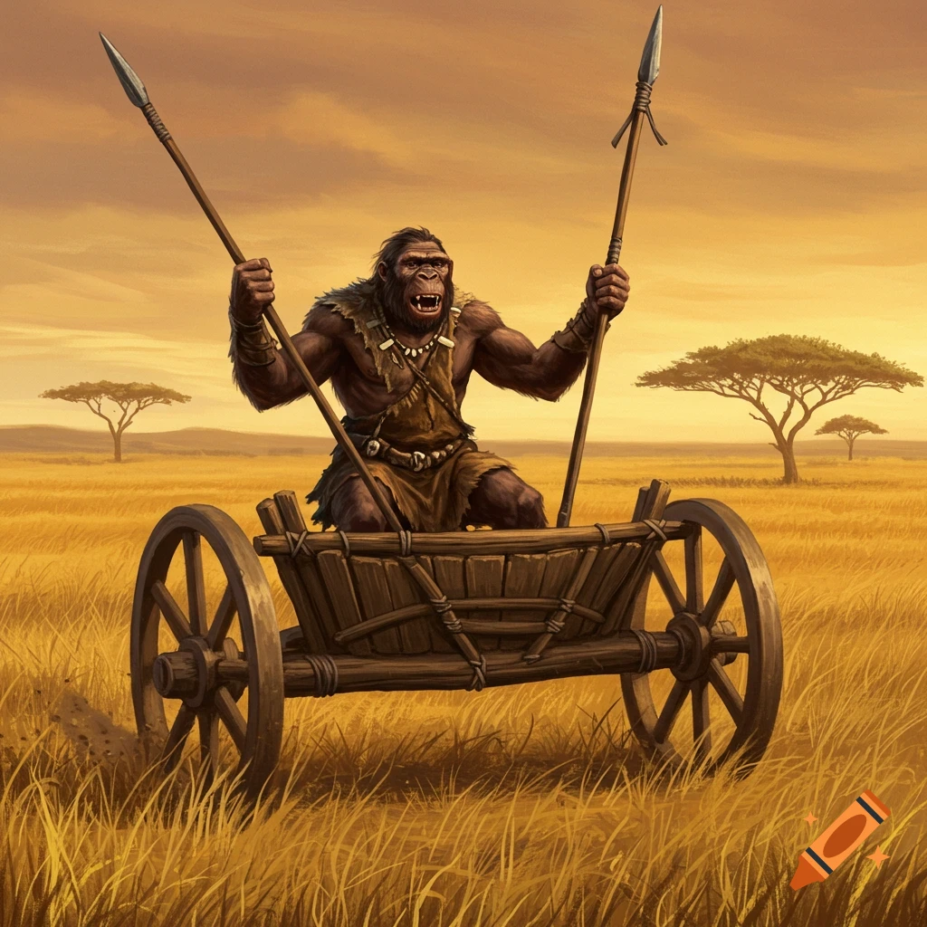 A painterly image of an ape-like neanderthal driving a wooden chariot through a golden savannah, holding two spears and looking triumphant.