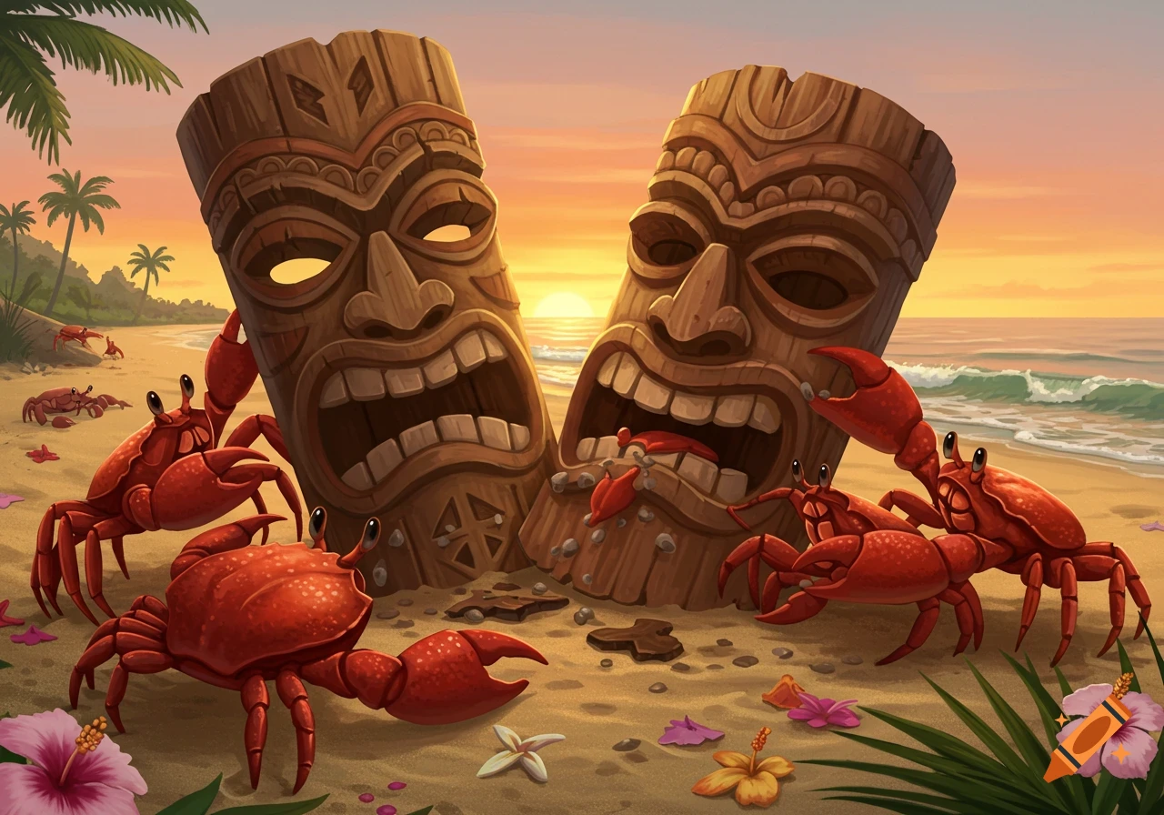 Cartoon illustration of red crabs on a tropical beach at sunset, gnawing on two large wooden tiki masks.