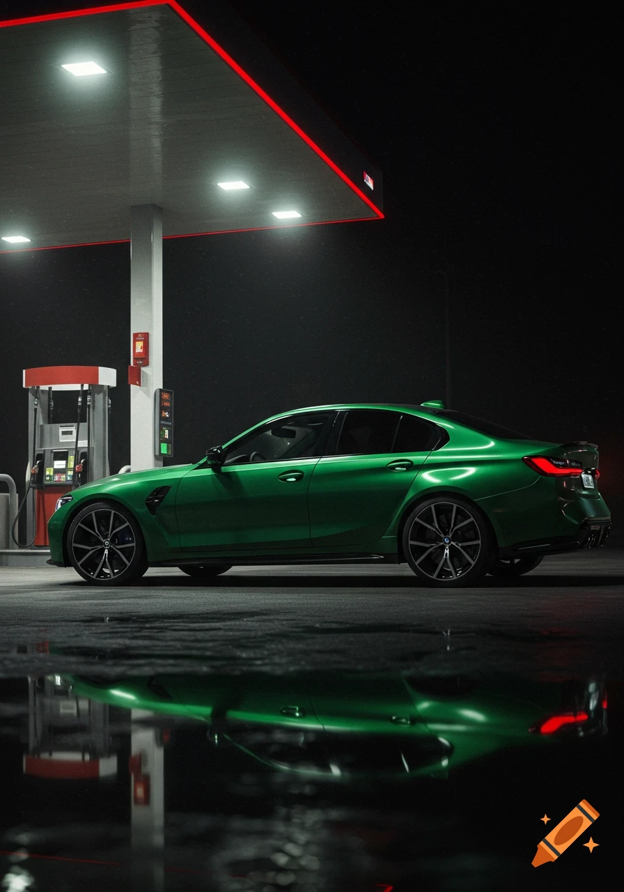 A hyper-realistic dark green BMW M3 G80 sedan parked at a gas station fuel pump at night with reflections on the wet ground.