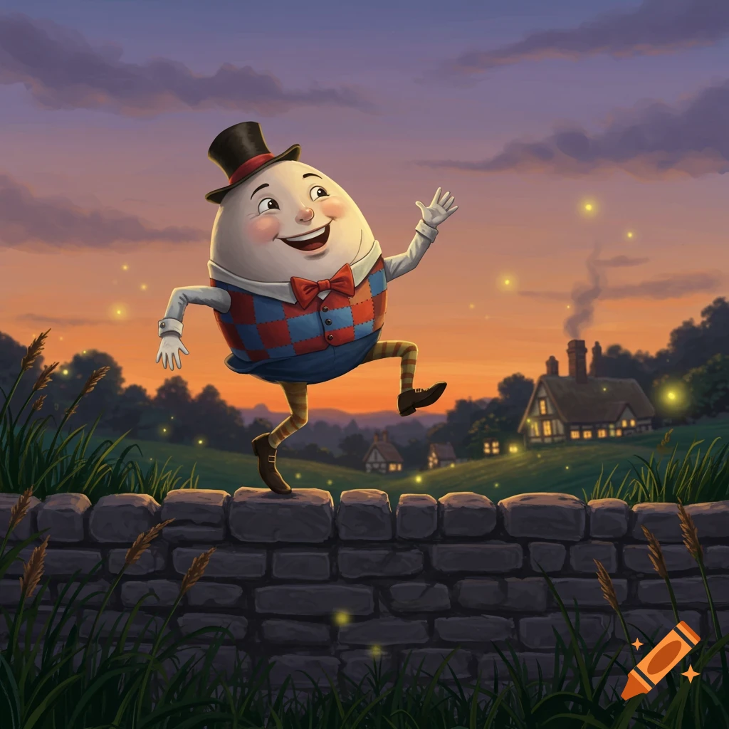 Humpty Dumpty dances on a stone wall at sunset, with fireflies glowing around cottages and grass.