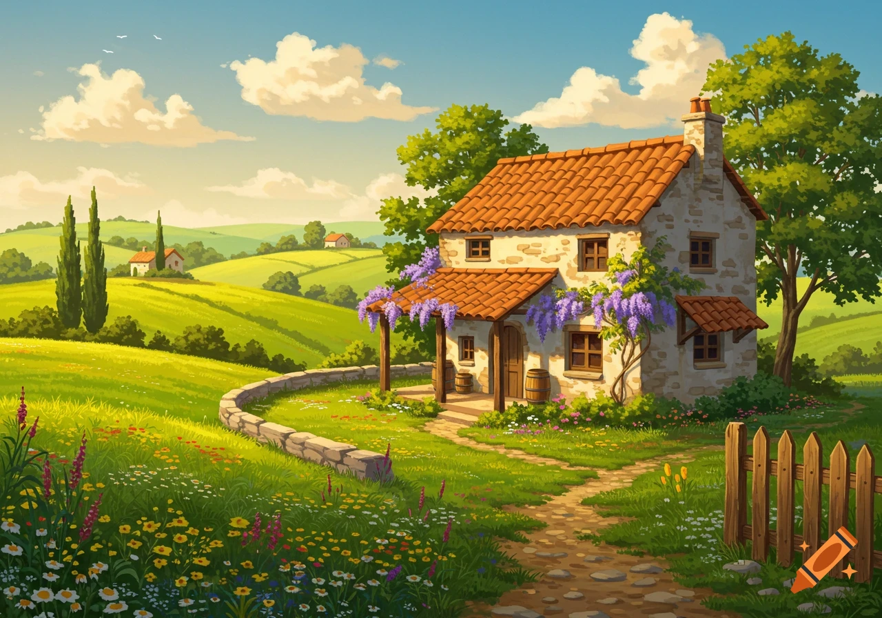 Illustration of a charming stone house with a red tile roof, wisteria, and a stone path, nestled in a vibrant green countryside.