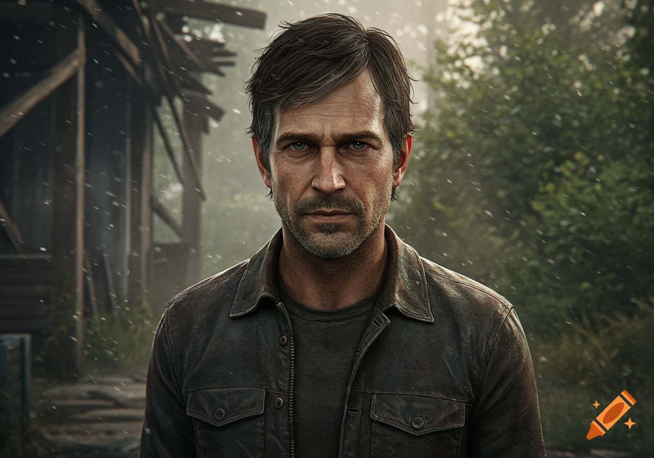 Photorealistic portrait of a serious man with dark hair and a beard in a brown leather jacket, standing in the rain outdoors.