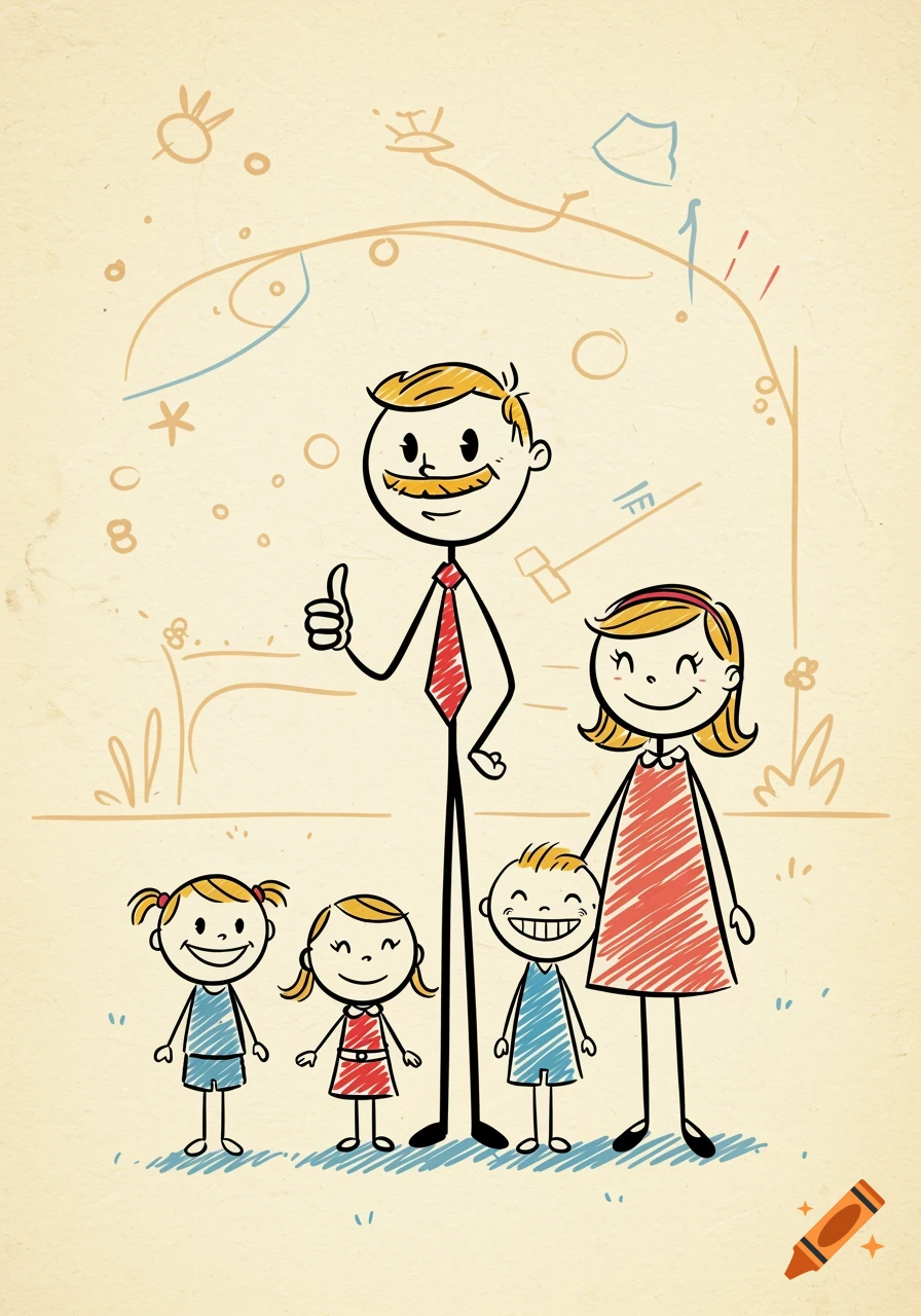A scribble cartoon of a stick-figure family: dad with a mustache giving a thumbs up, mom, and three smiling children.