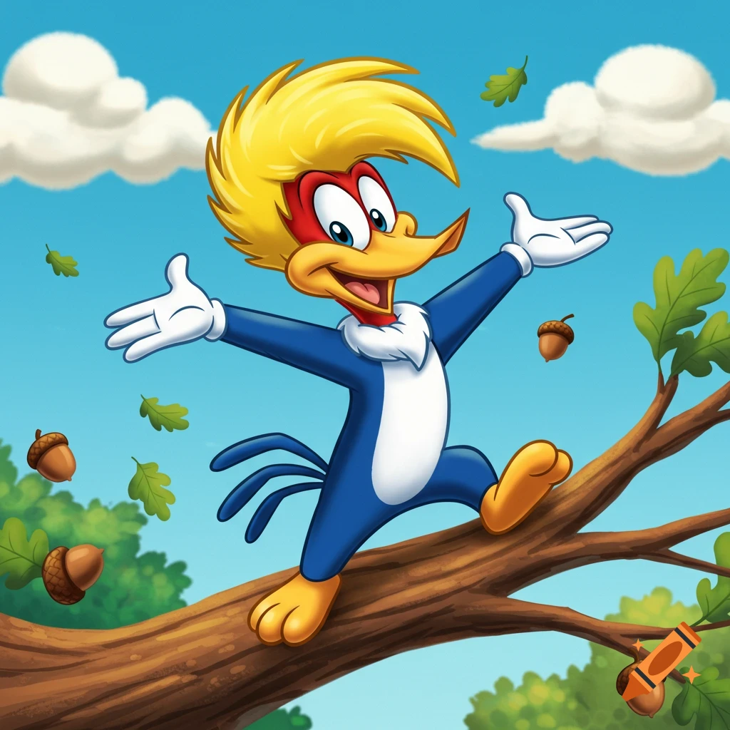 Blonde Woody the Woodpecker balancing on a tree branch with outstretched arms, smiling, as leaves and acorns fall.