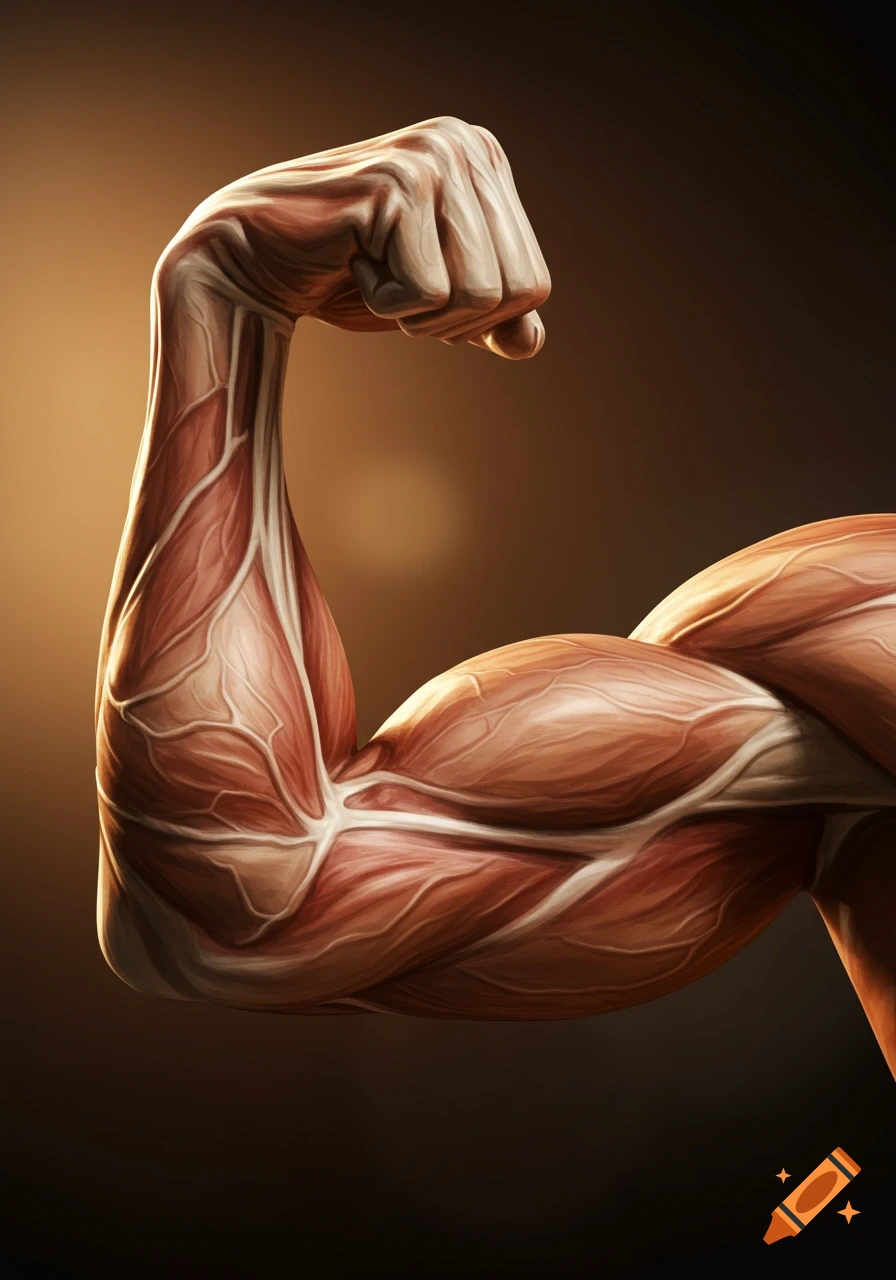 Detailed illustration of a flexed human arm with exposed muscles and veins against a dark background.