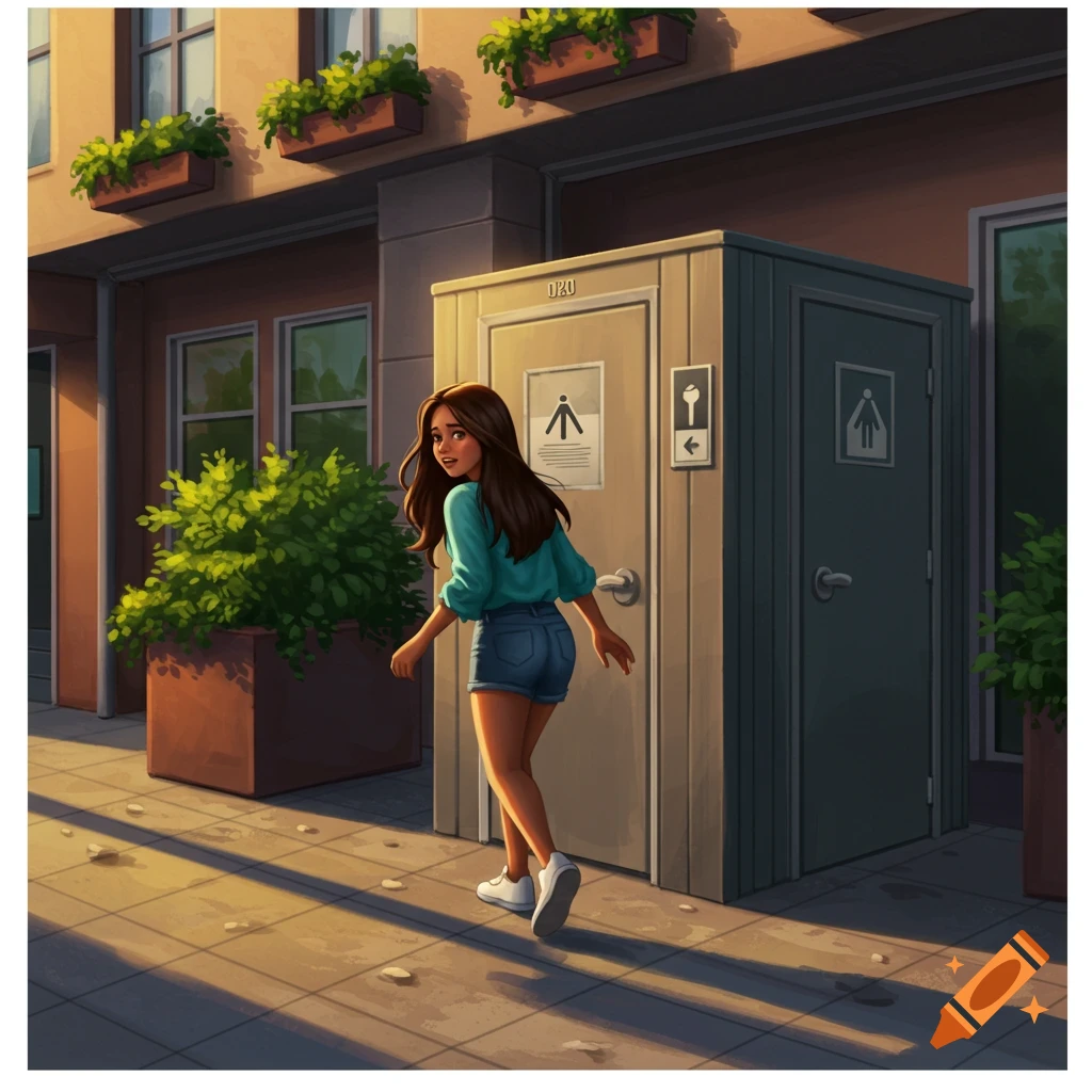 Stylized illustration of a tan-skinned girl with long brown hair walking towards a public restroom on a sunny urban street.