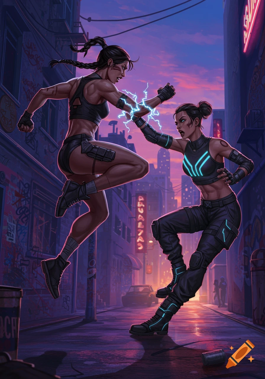 Two women in tech-wear with glowing electrical powers fight in a dark, neon-lit cyberpunk alley at dusk.