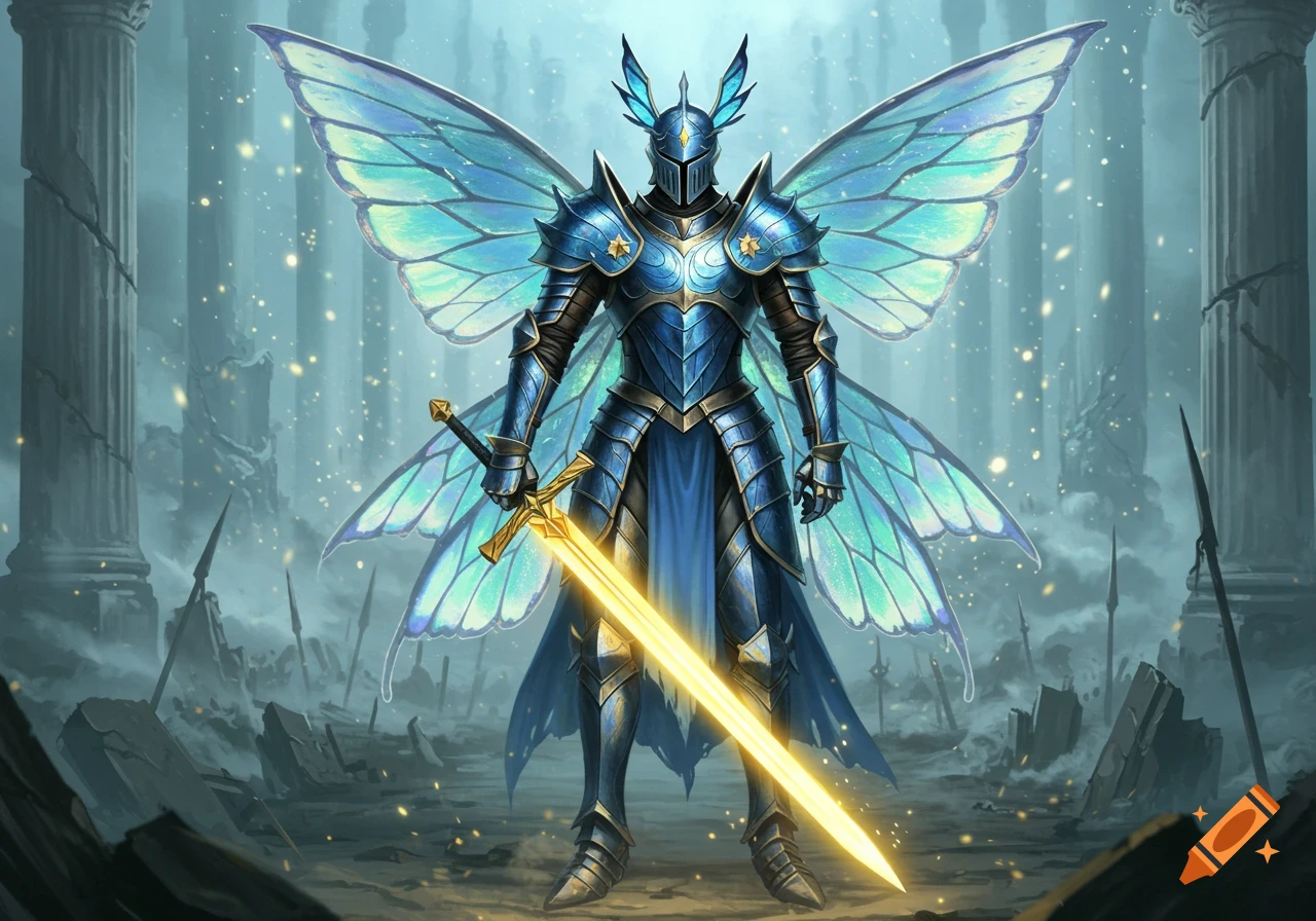 Blue-armored knight with iridescent blue butterfly wings holds a glowing golden sword in a misty, ruined fantasy landscape.