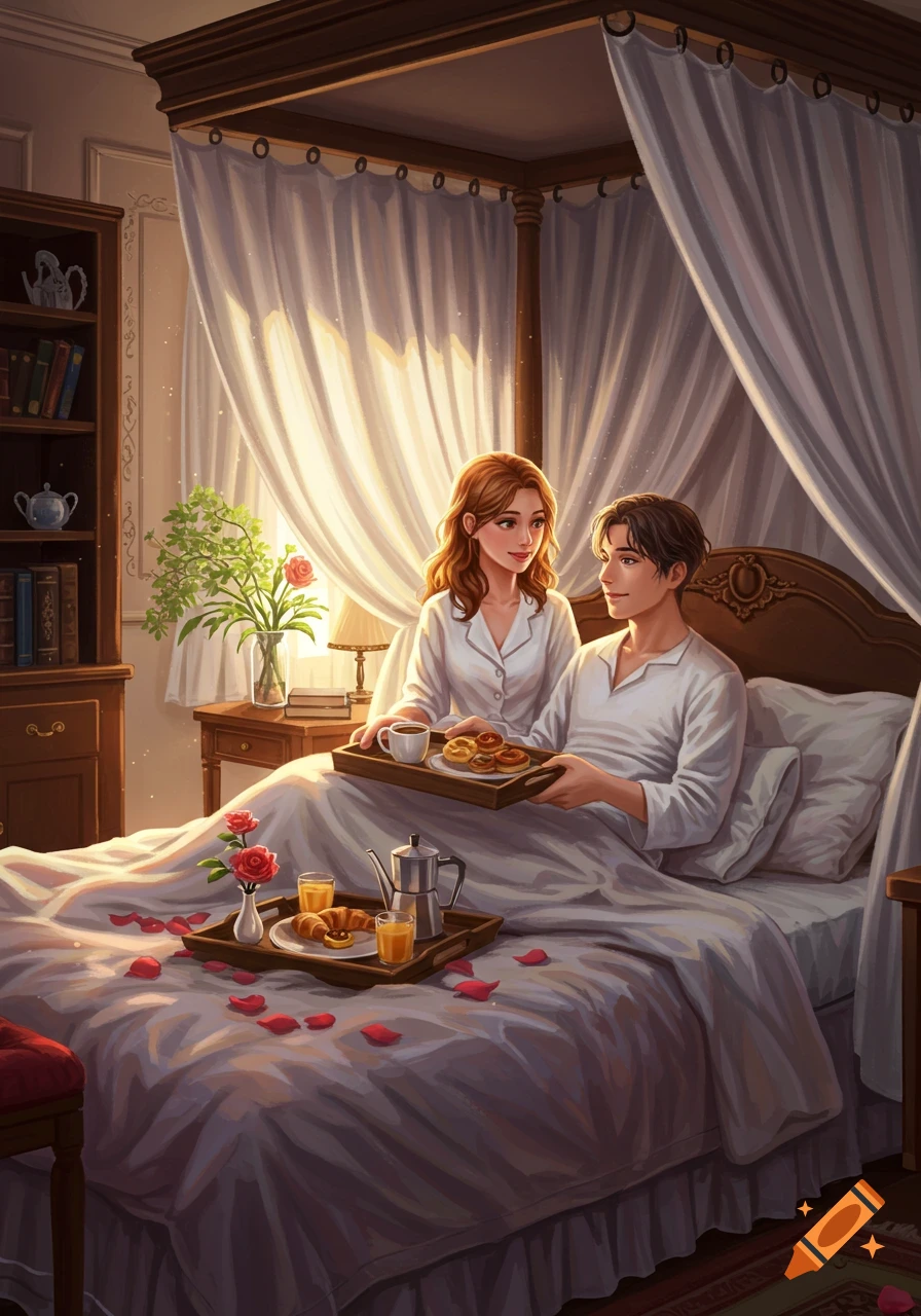 Illustrated couple enjoying breakfast in a canopy bed, with rose petals scattered on the sheets, bathed in warm morning light.