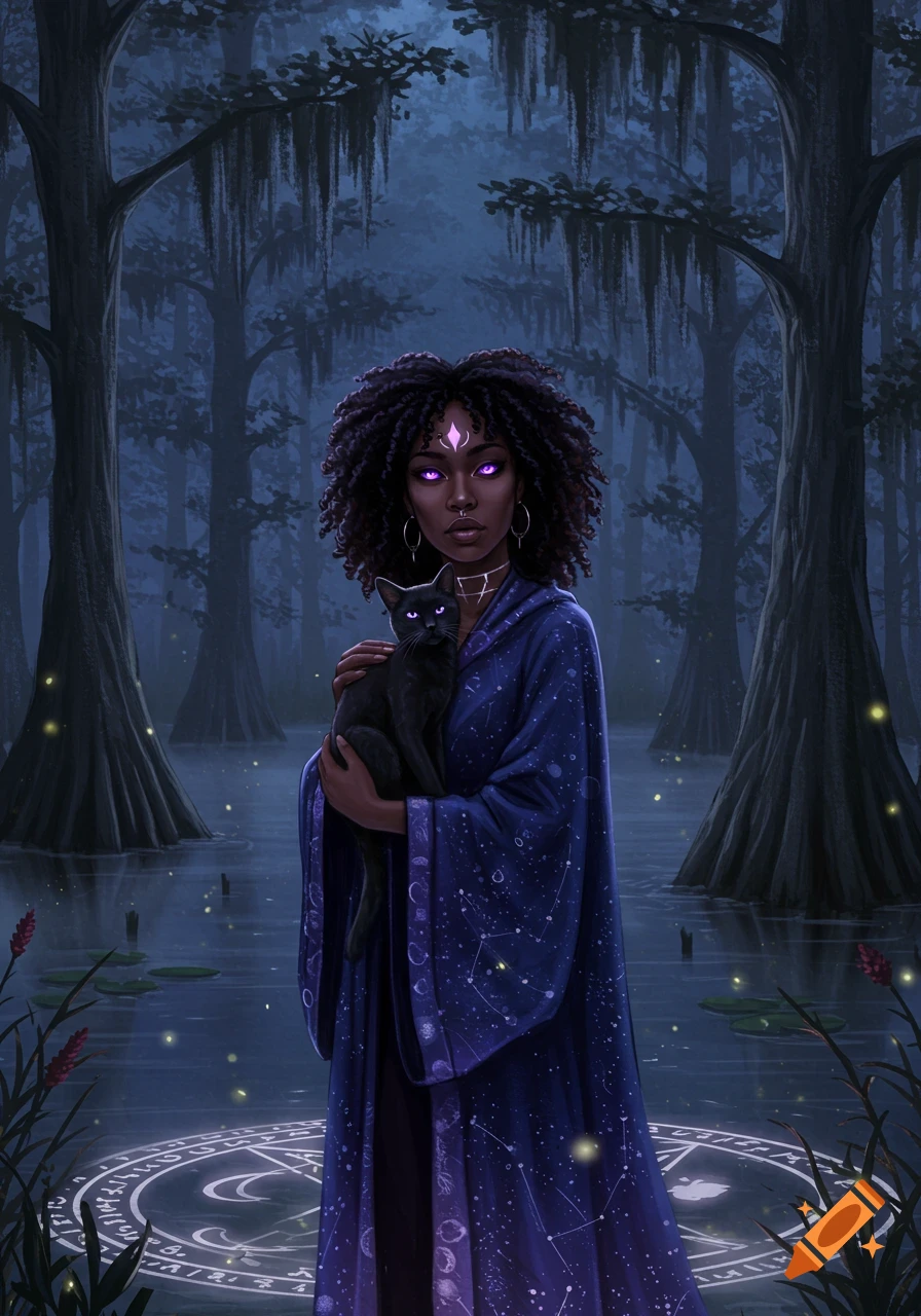 A dark-skinned witch with purple eyes holds a black cat in a mystical swamp with a glowing magic circle.