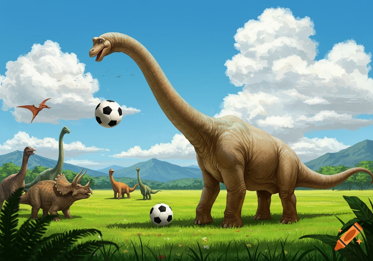 A large cartoon brachiosaurus looks at a floating soccer ball, with other dinosaurs and a pterodactyl in a vibrant green field.