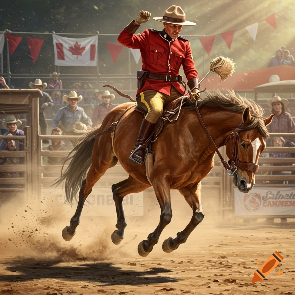 Canadian Mountie in red uniform riding a bucking brown horse in a dusty rodeo arena, raising a fist in triumph.