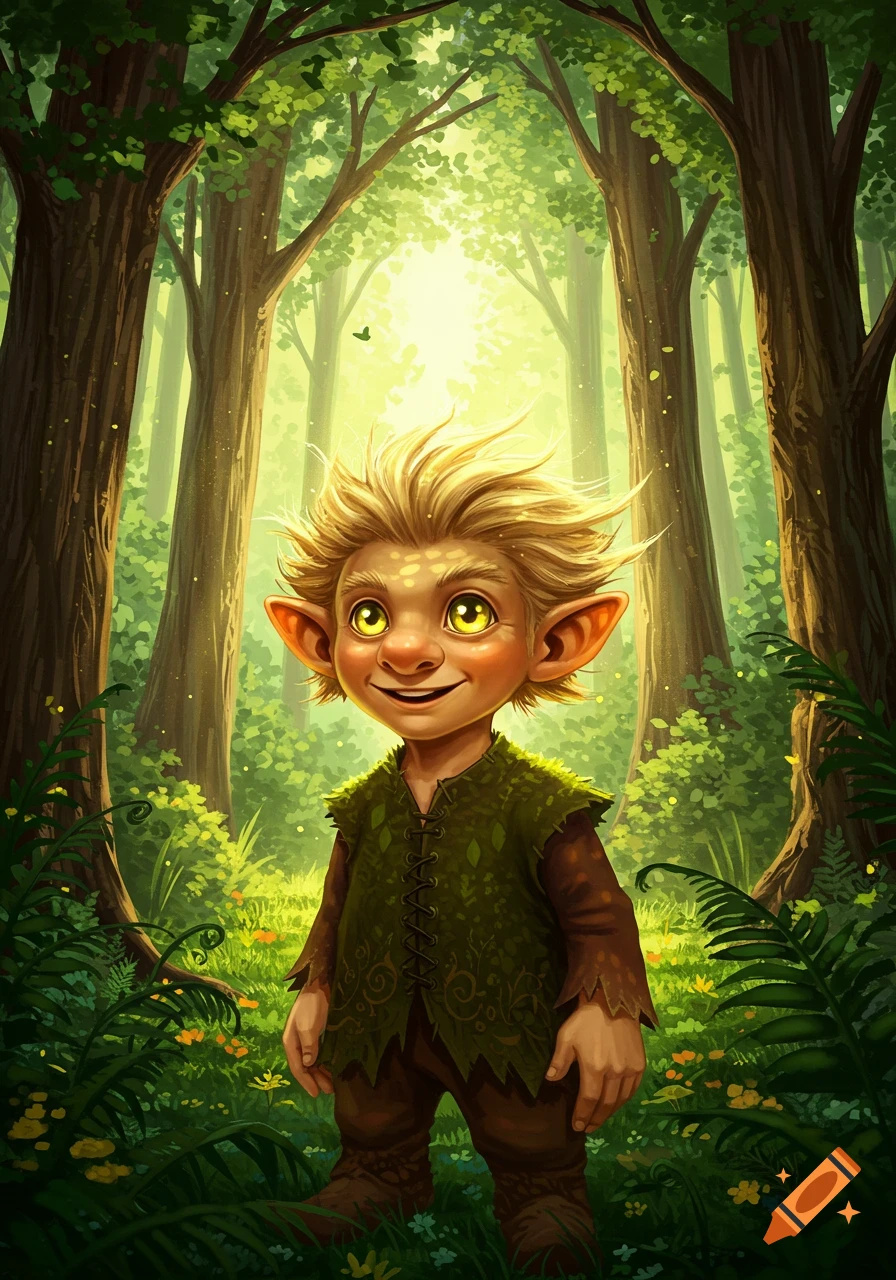 A friendly gnome with blonde hair, large ears, and yellow eyes smiles in a lush, sunlit fantasy forest.